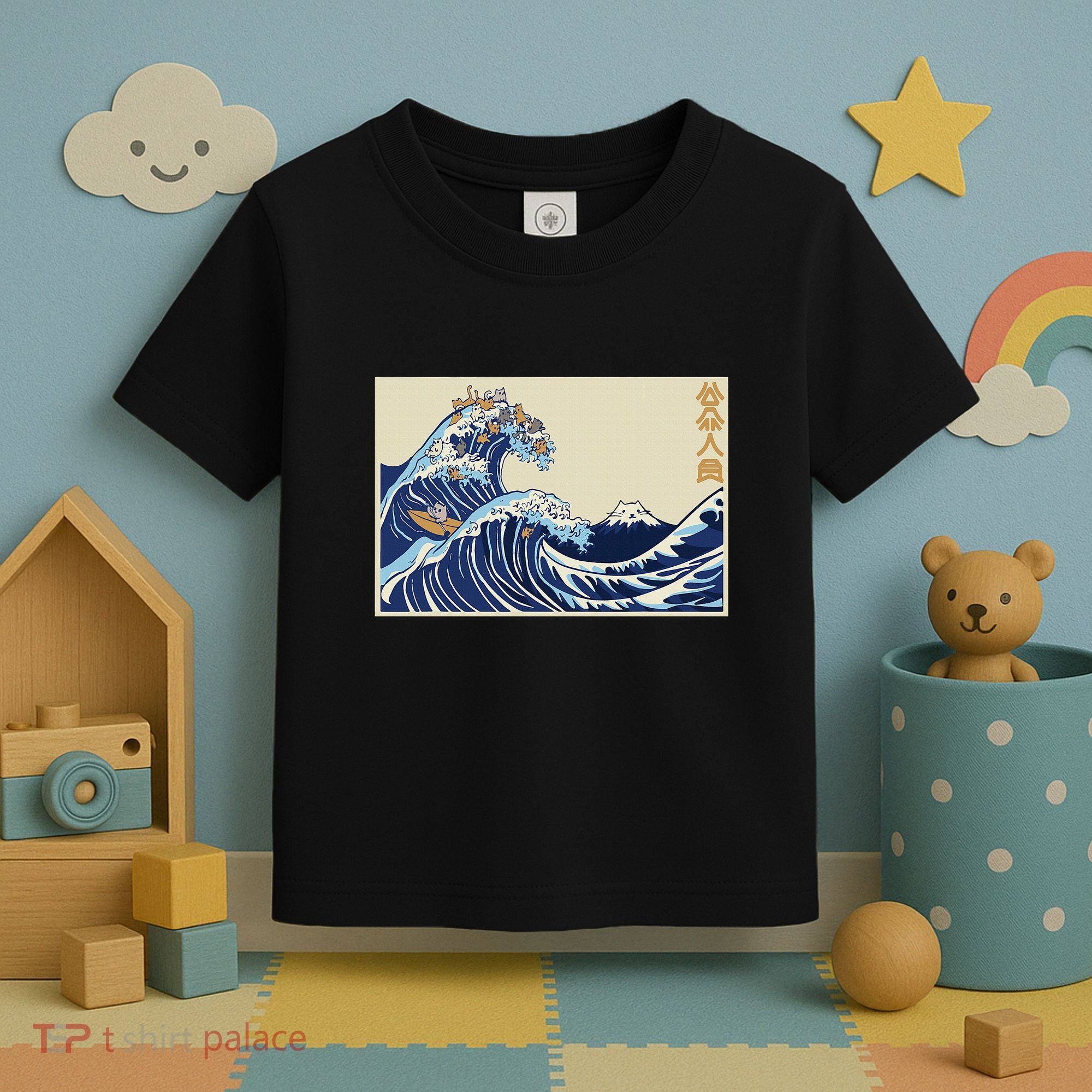Great Wave Off Kanagawa With Cats Aesthetic Kanji Toddler T-Shirt