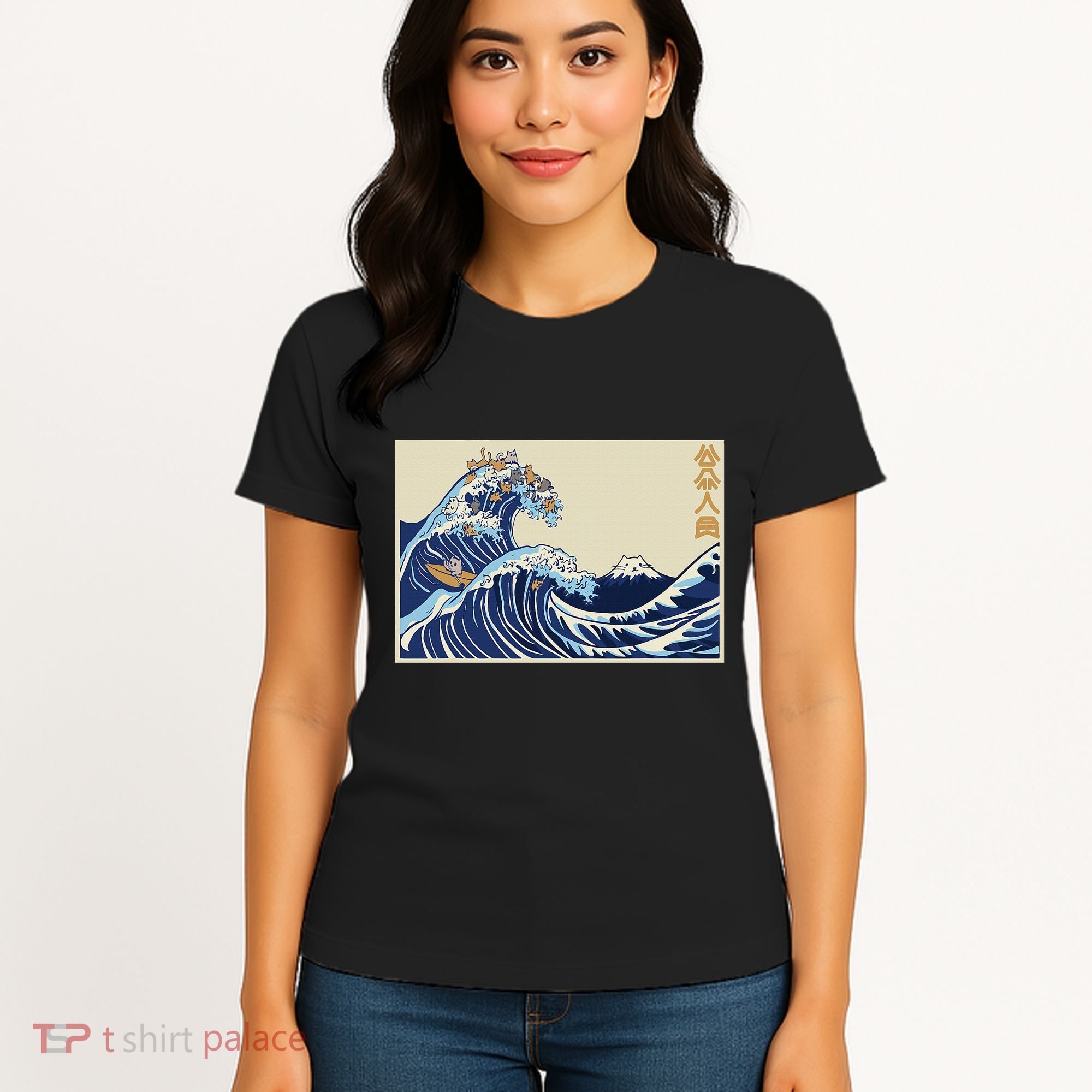 Great Wave Off Kanagawa With Cats Aesthetic Kanji Women's T-Shirt