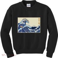 Great Wave Off Kanagawa With Cats Aesthetic Kanji Kids Sweatshirt thumb 0