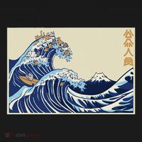 Great Wave Off Kanagawa With Cats Aesthetic Kanji Kids Sweatshirt thumb 2