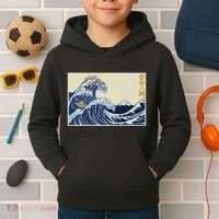 Great Wave Off Kanagawa With Cats Aesthetic Kanji Kids Hoodie thumb 2