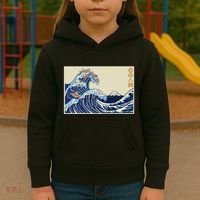 Great Wave Off Kanagawa With Cats Aesthetic Kanji Kids Hoodie thumb 3