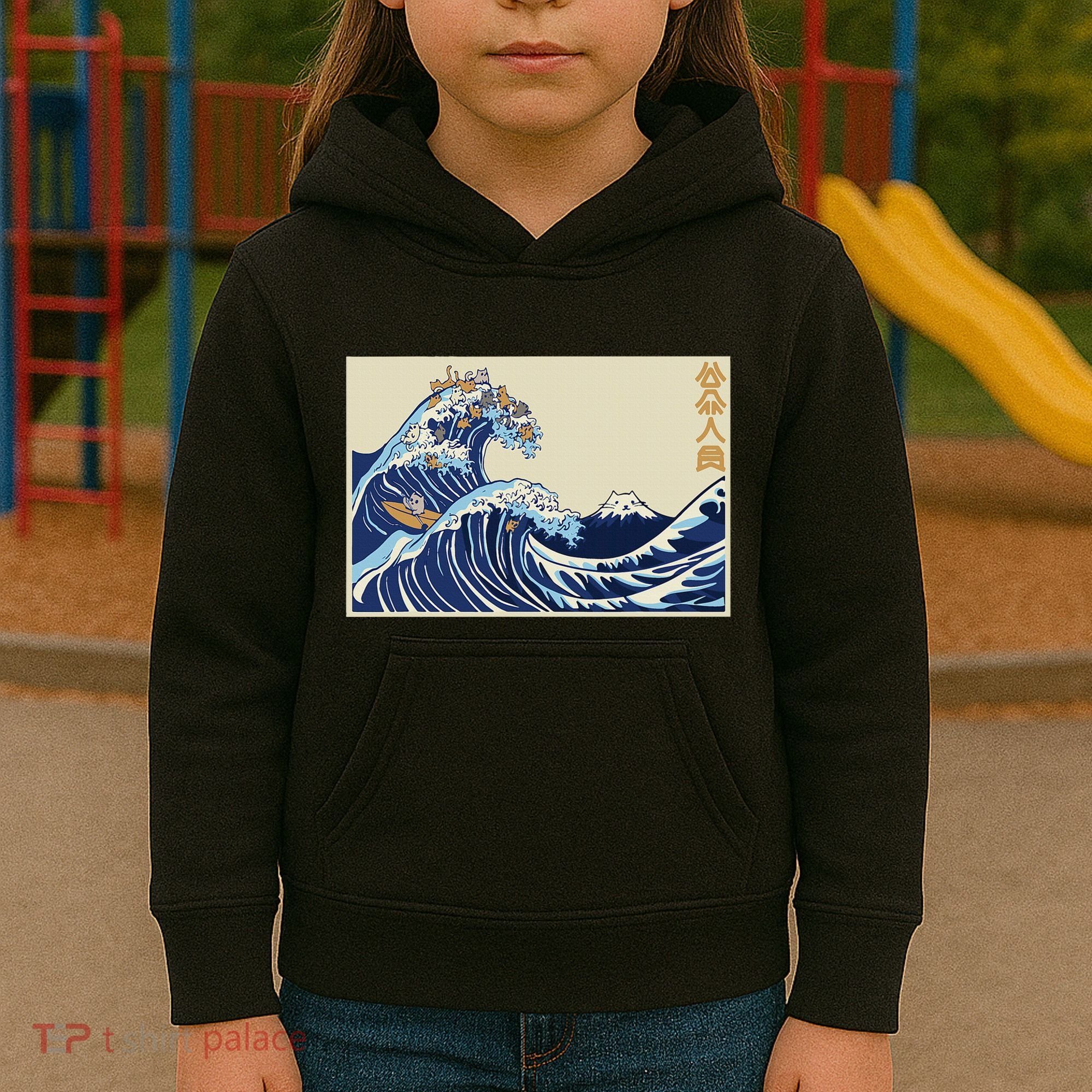 Great Wave Off Kanagawa With Cats Aesthetic Kanji Kids Hoodie