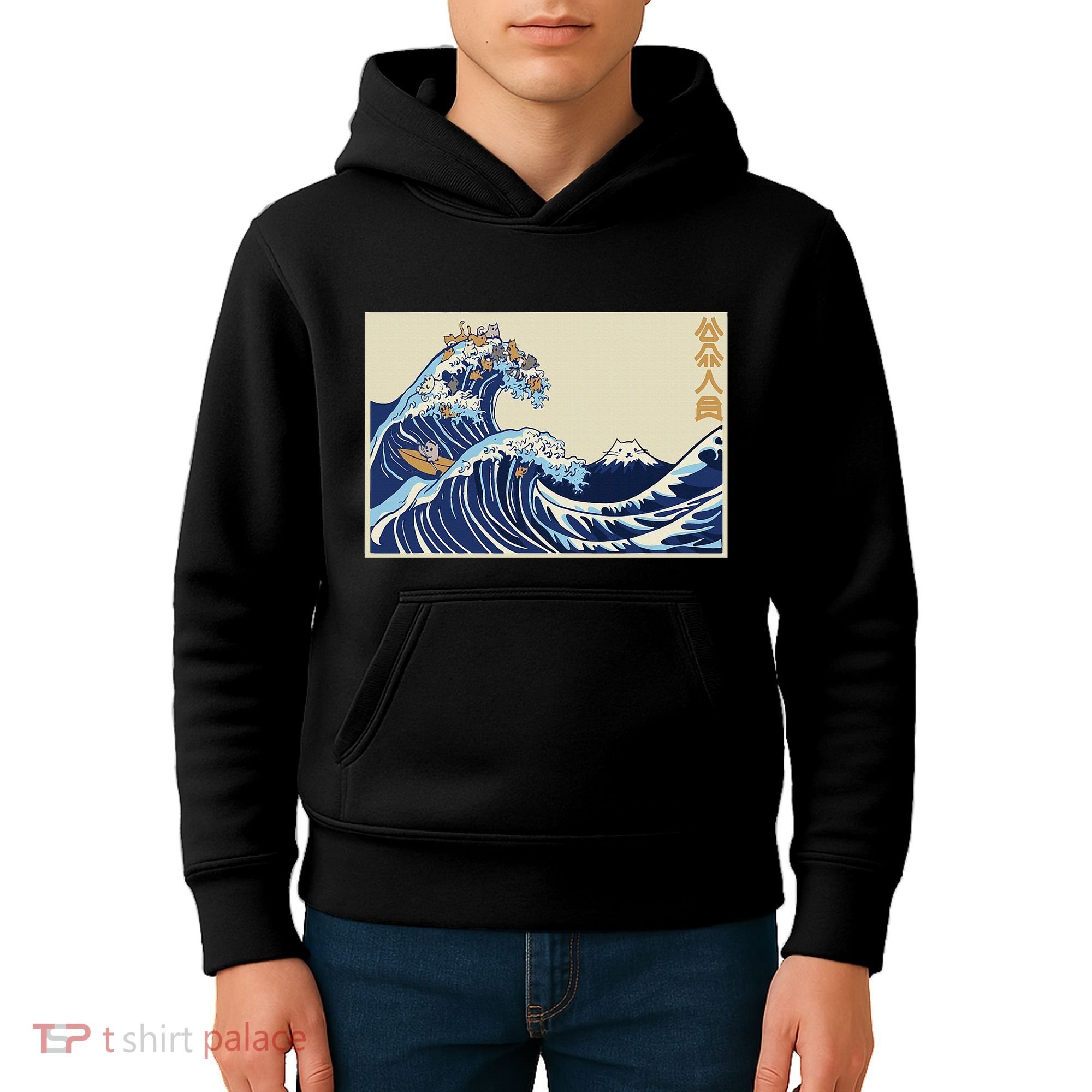 Great Wave Off Kanagawa With Cats Aesthetic Kanji Kids Hoodie