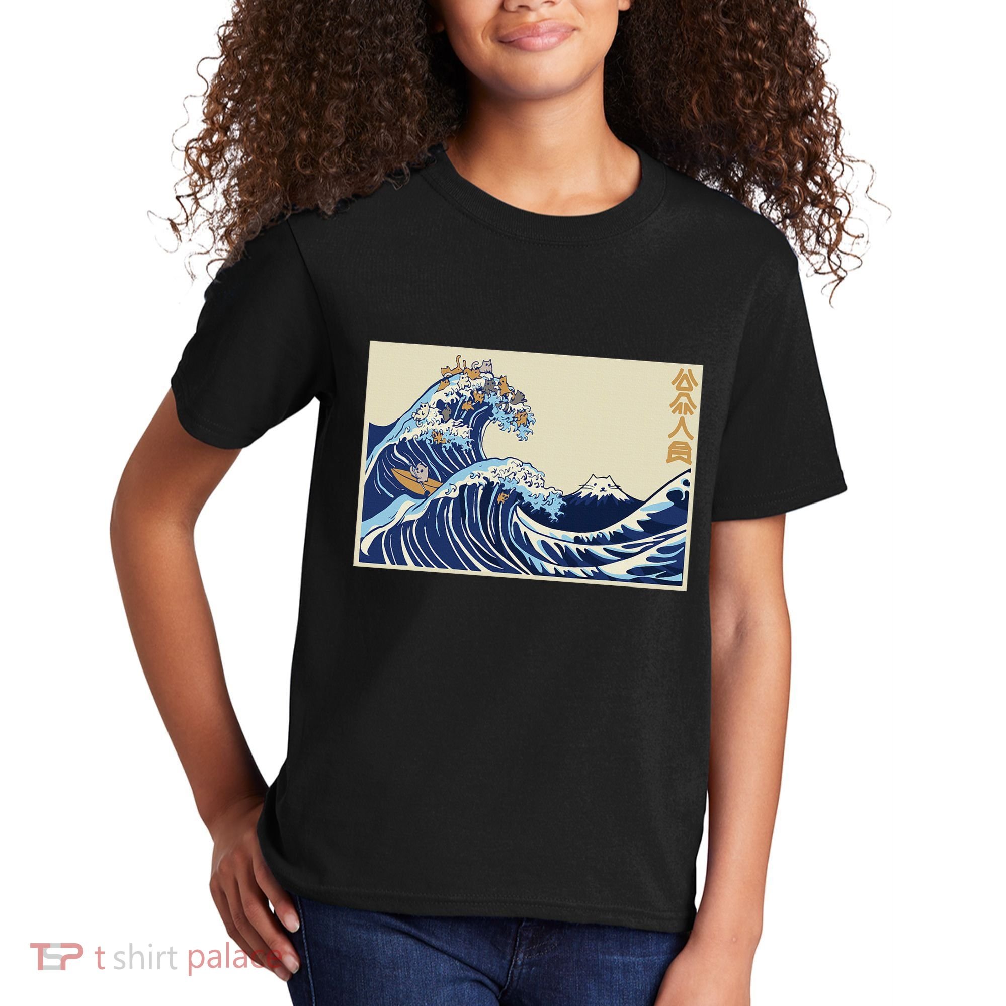 Great Wave Off Kanagawa With Cats Aesthetic Kanji Kids T-Shirt
