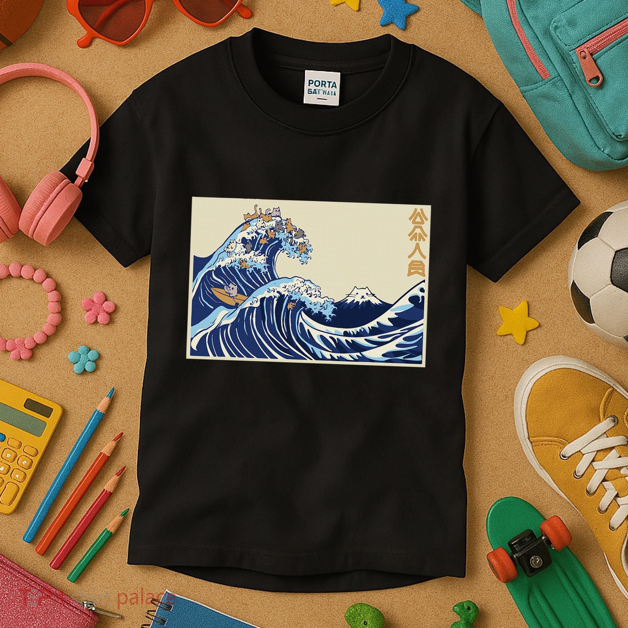 Great Wave Off Kanagawa With Cats Aesthetic Kanji Kids T-Shirt