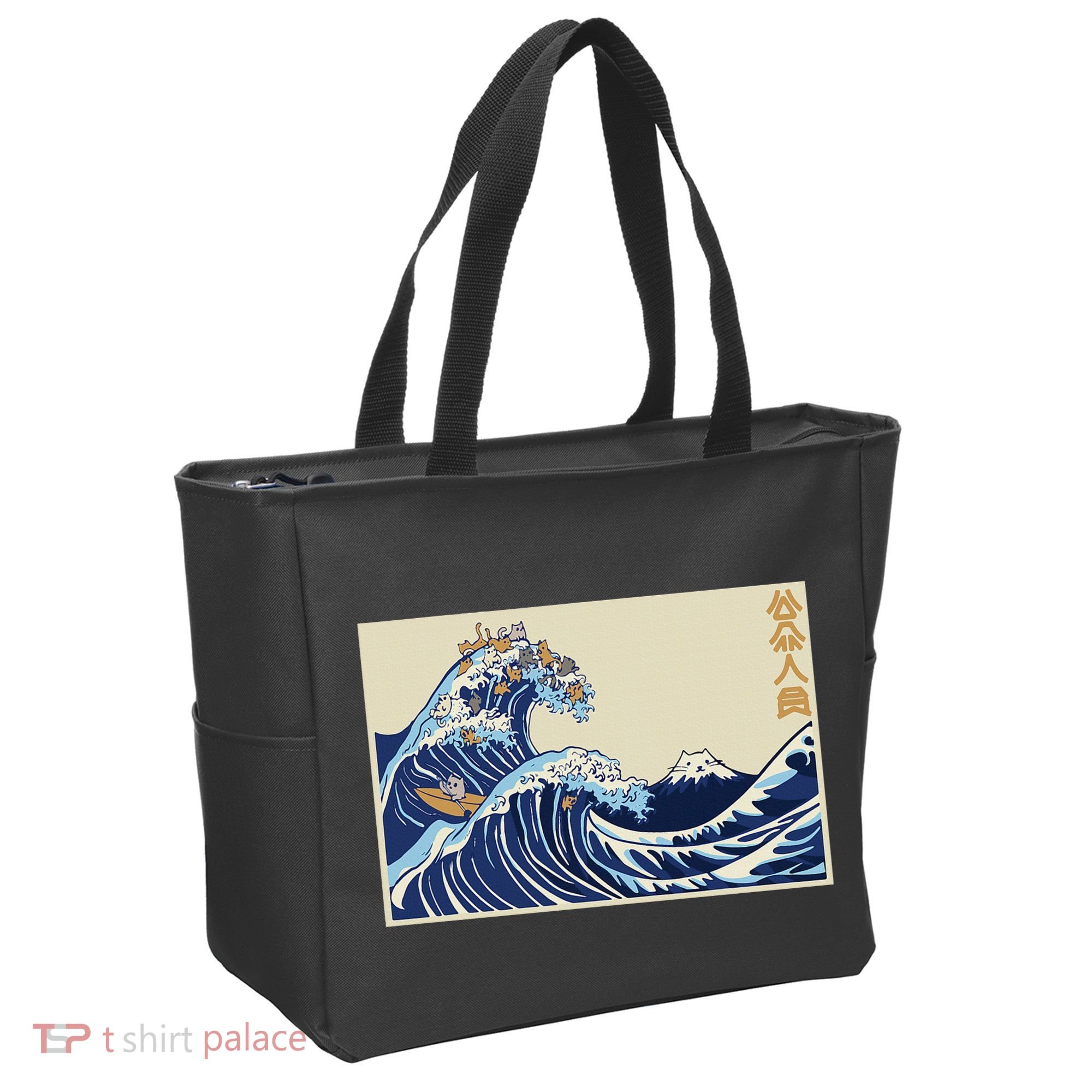 Great Wave Off Kanagawa With Cats Aesthetic Kanji Tote Bag