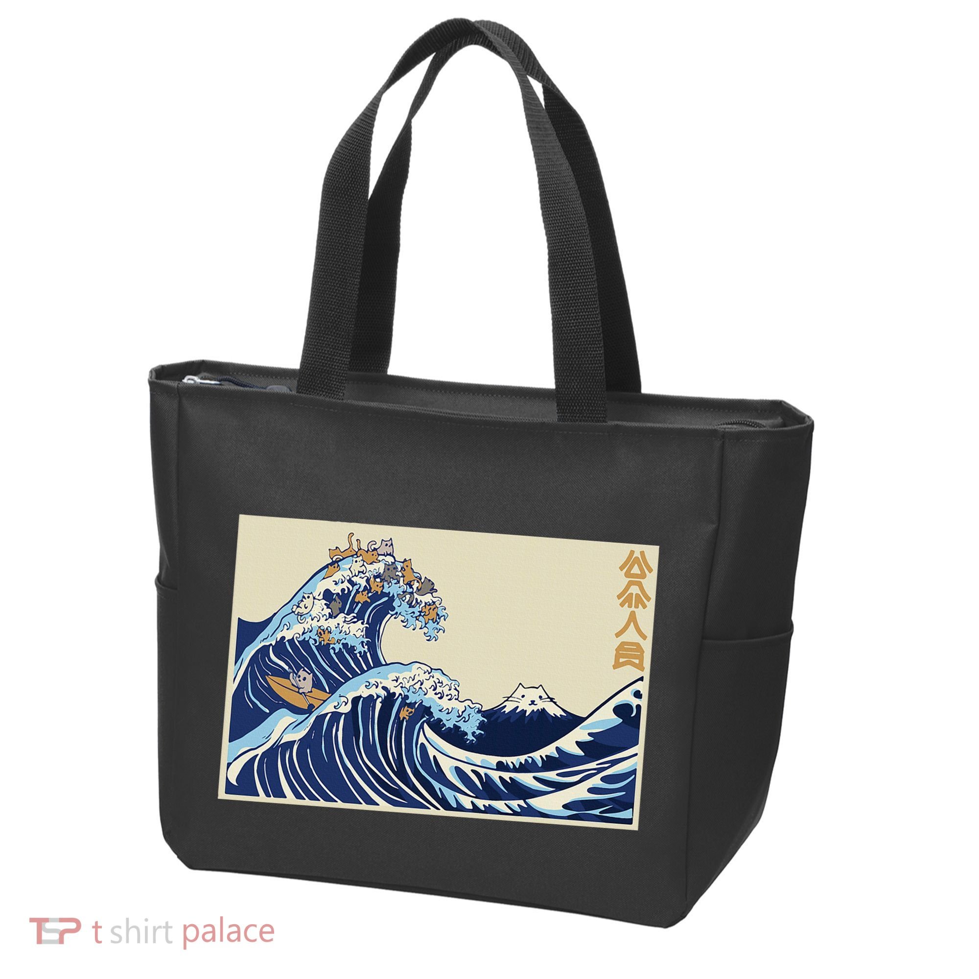 Great Wave Off Kanagawa With Cats Aesthetic Kanji Tote Bag