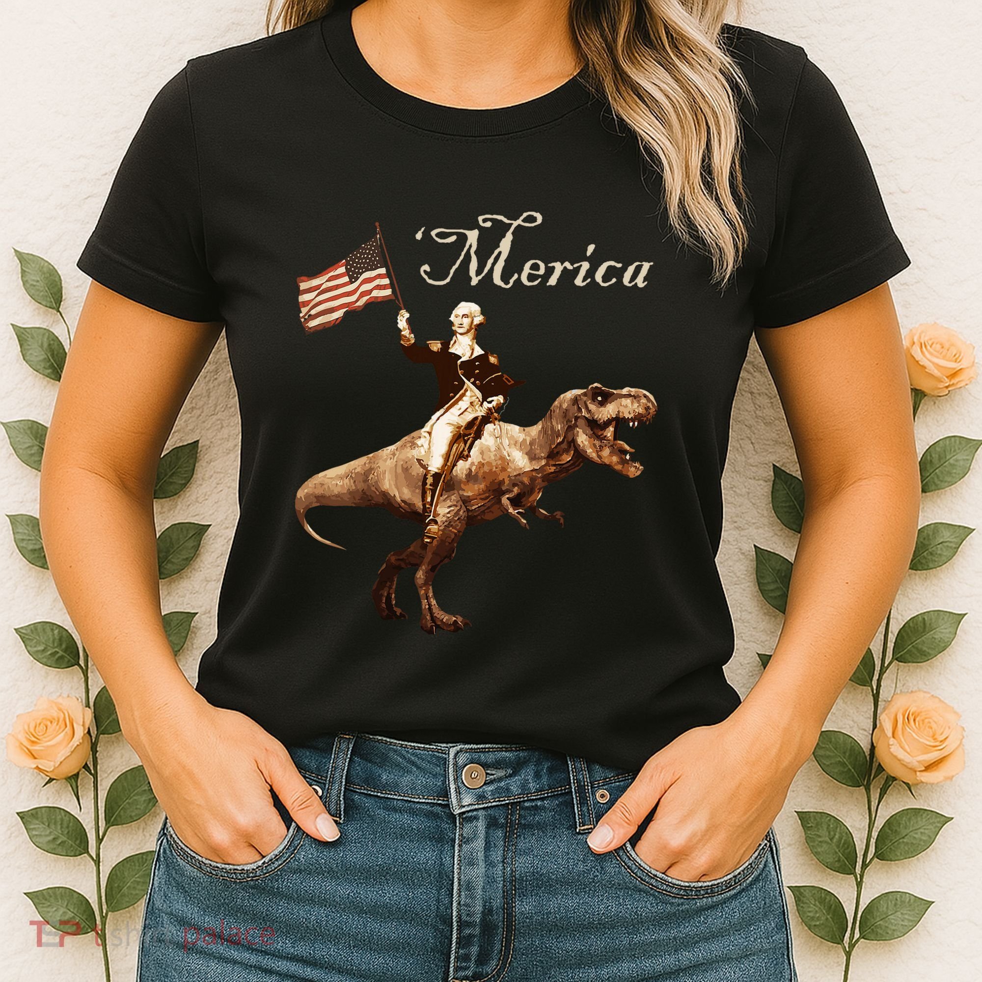 George Washington Riding A Tyrannosaurus Rex Merica Women's T-Shirt