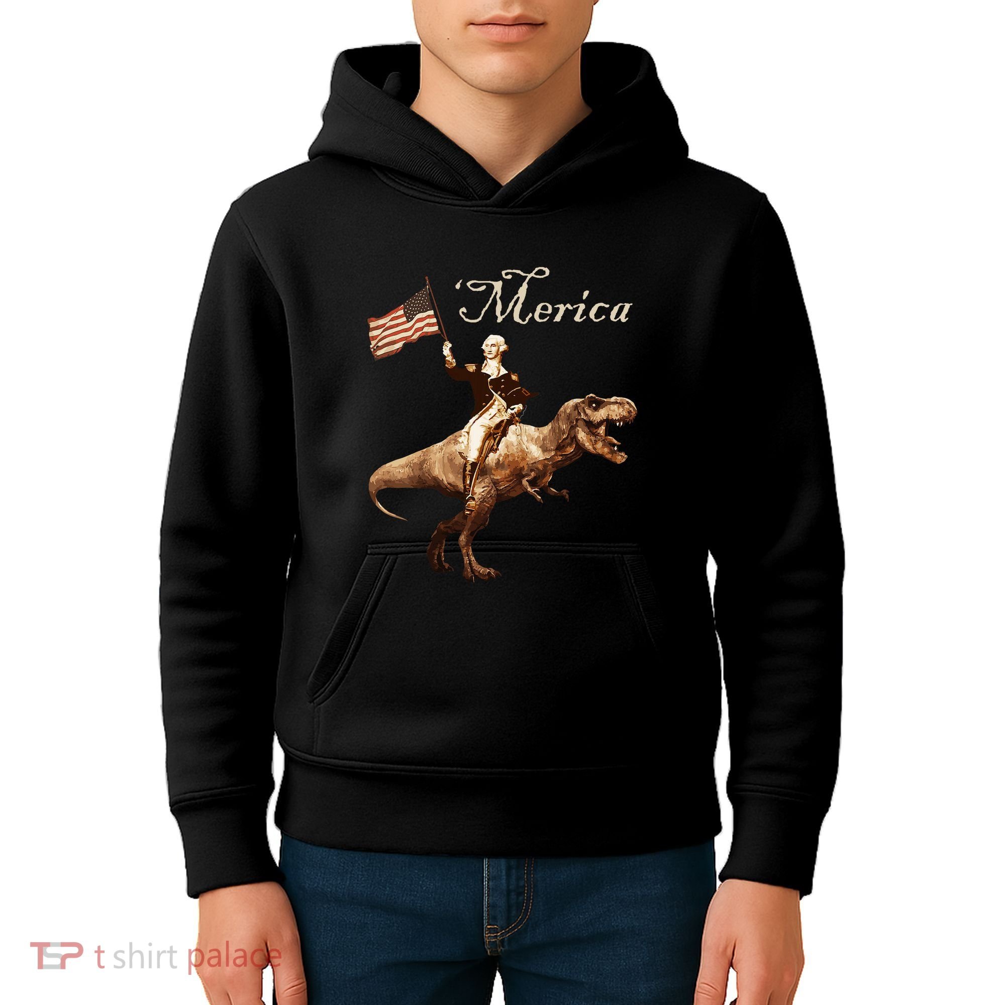 George Washington Riding A Tyrannosaurus Rex Merica Kids Hoodie