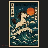 Galloping Waves Retro Japanese Surfing Horse Adventure Beanie thumb 2