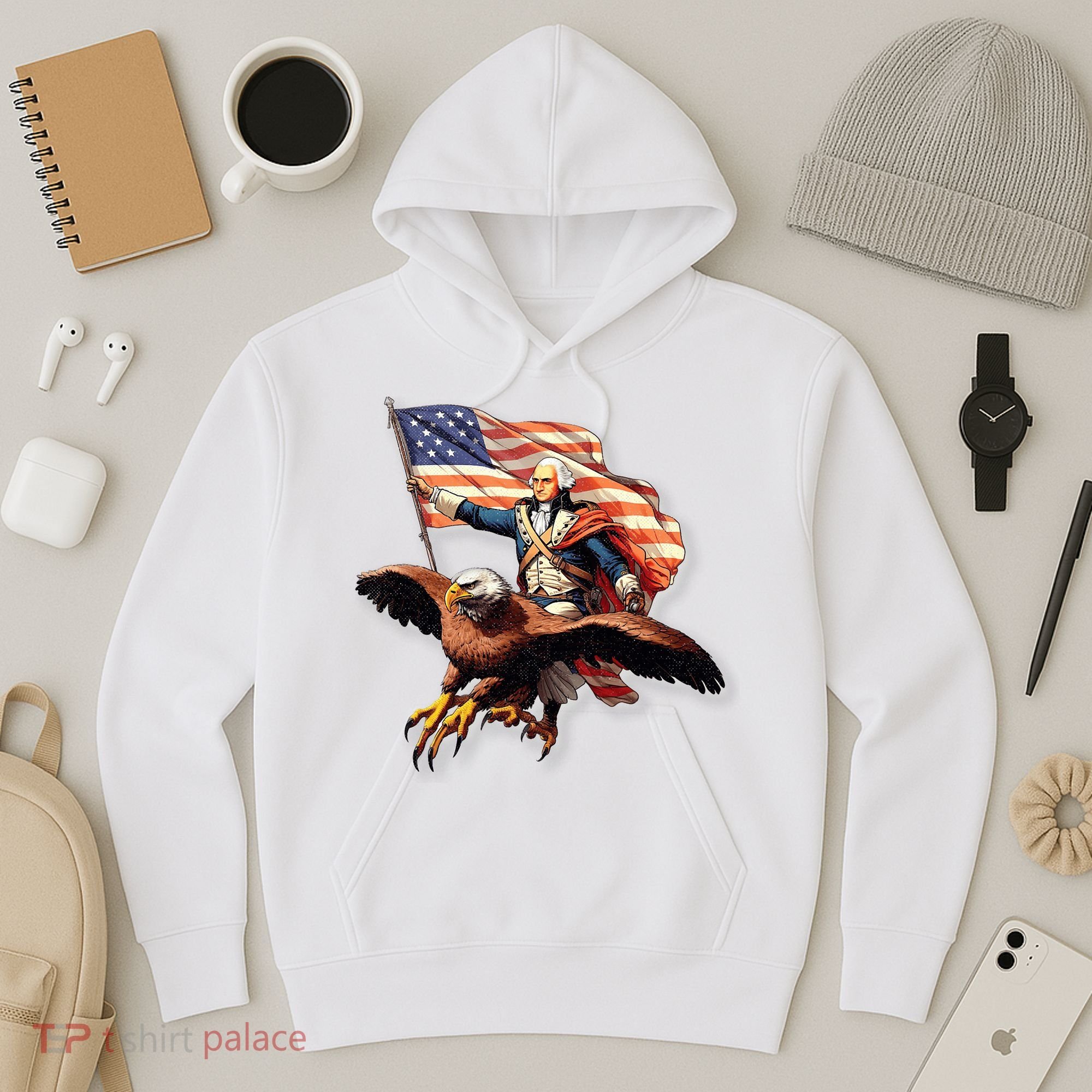 George Washington Riding A Bald Eagle Patriotic Hoodie