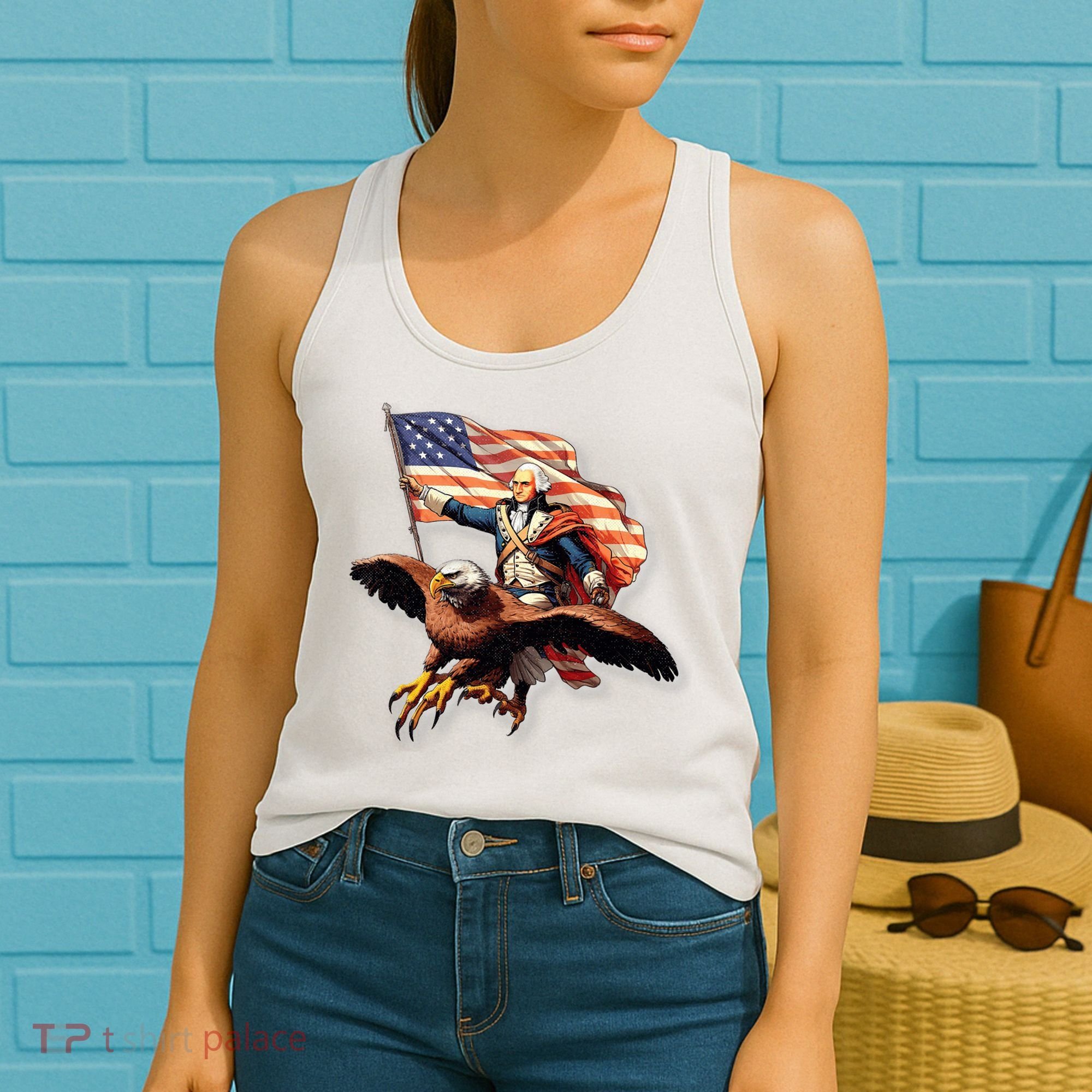 George Washington Riding A Bald Eagle Patriotic Women's Tank Top