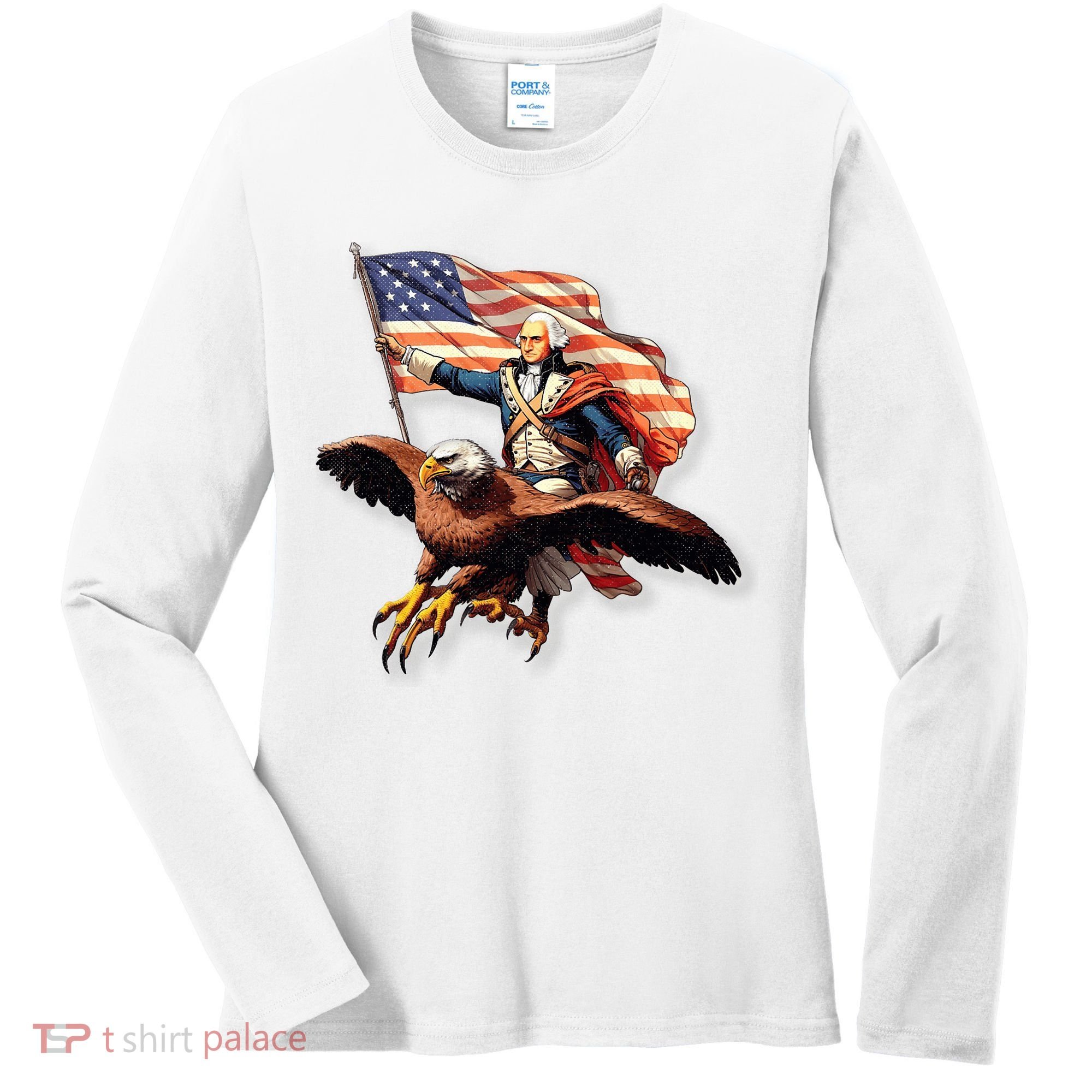 George Washington Riding A Bald Eagle Patriotic Women's Long Sleeve Shirt