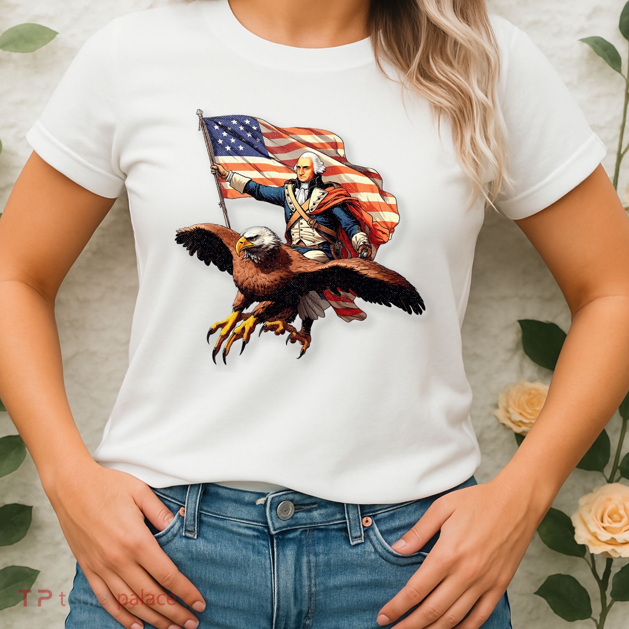 George Washington Riding A Bald Eagle Patriotic Women's T-Shirt