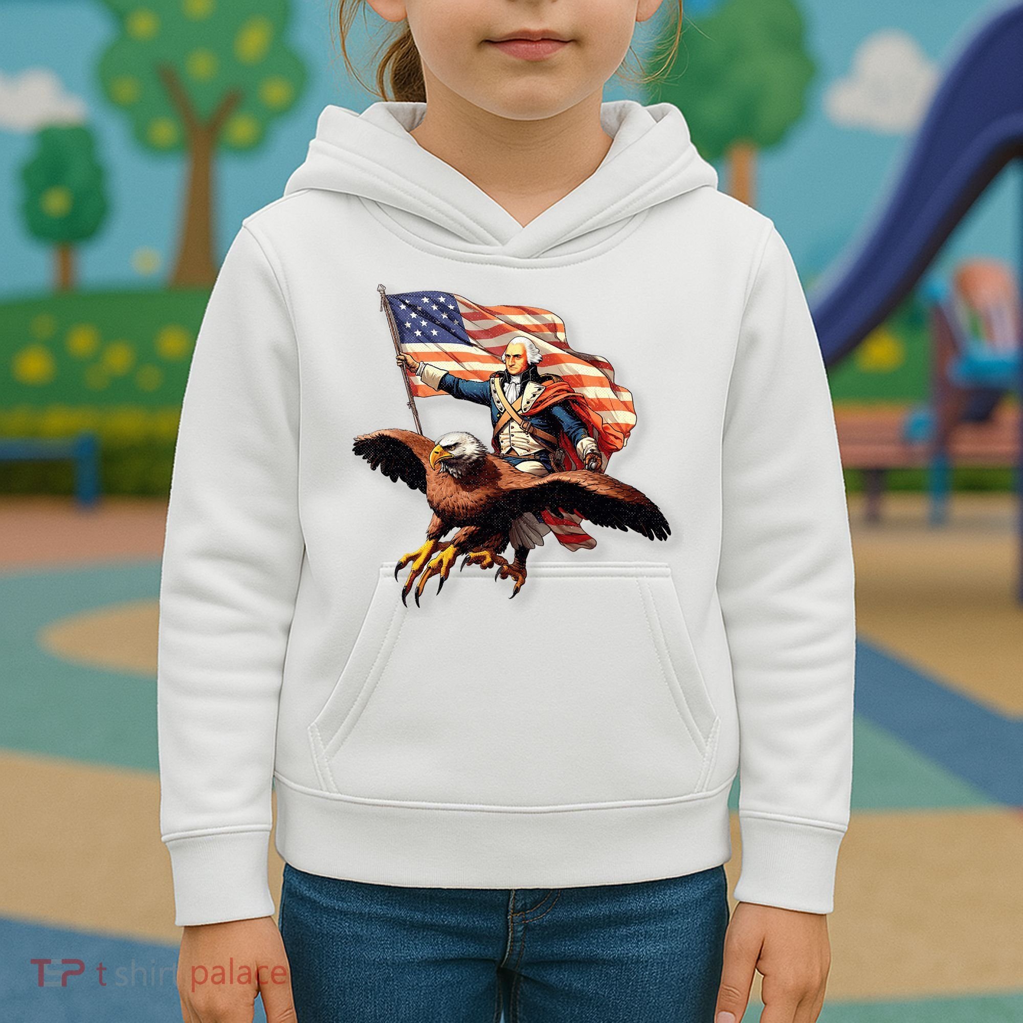 George Washington Riding A Bald Eagle Patriotic Kids Hoodie