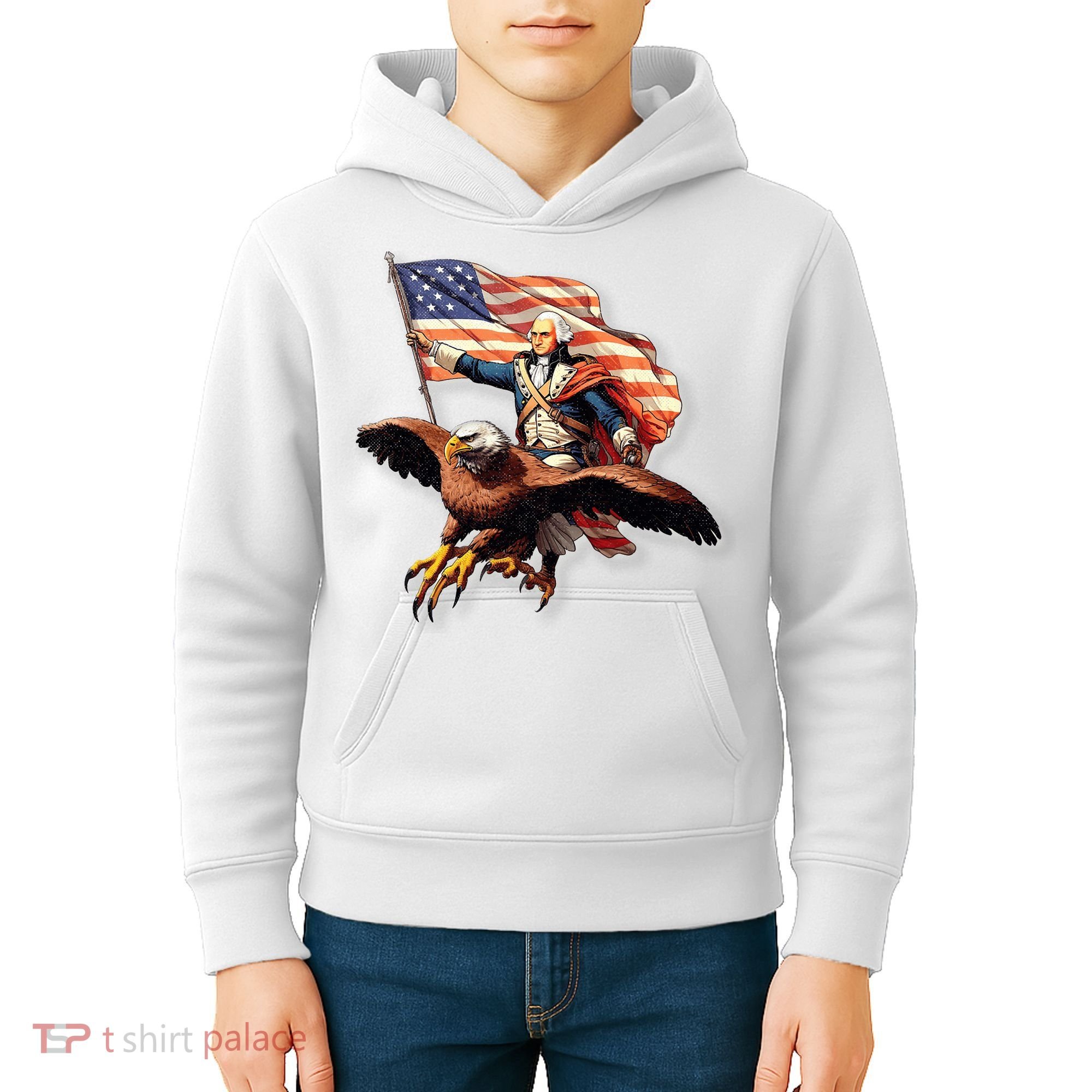 George Washington Riding A Bald Eagle Patriotic Kids Hoodie