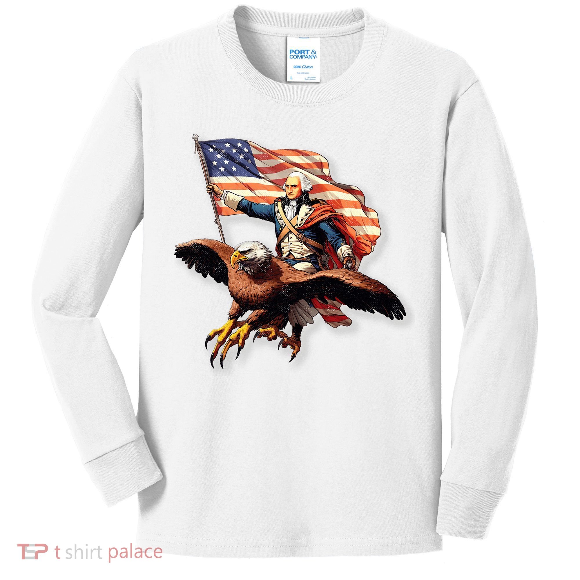 George Washington Riding A Bald Eagle Patriotic Kids Long Sleeve Shirt