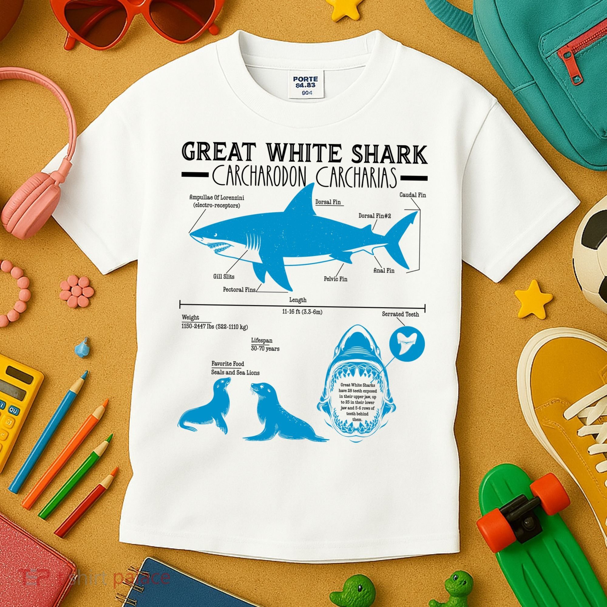 Great White Shark Carcharodon Carcharias Infographic Kids T-Shirt