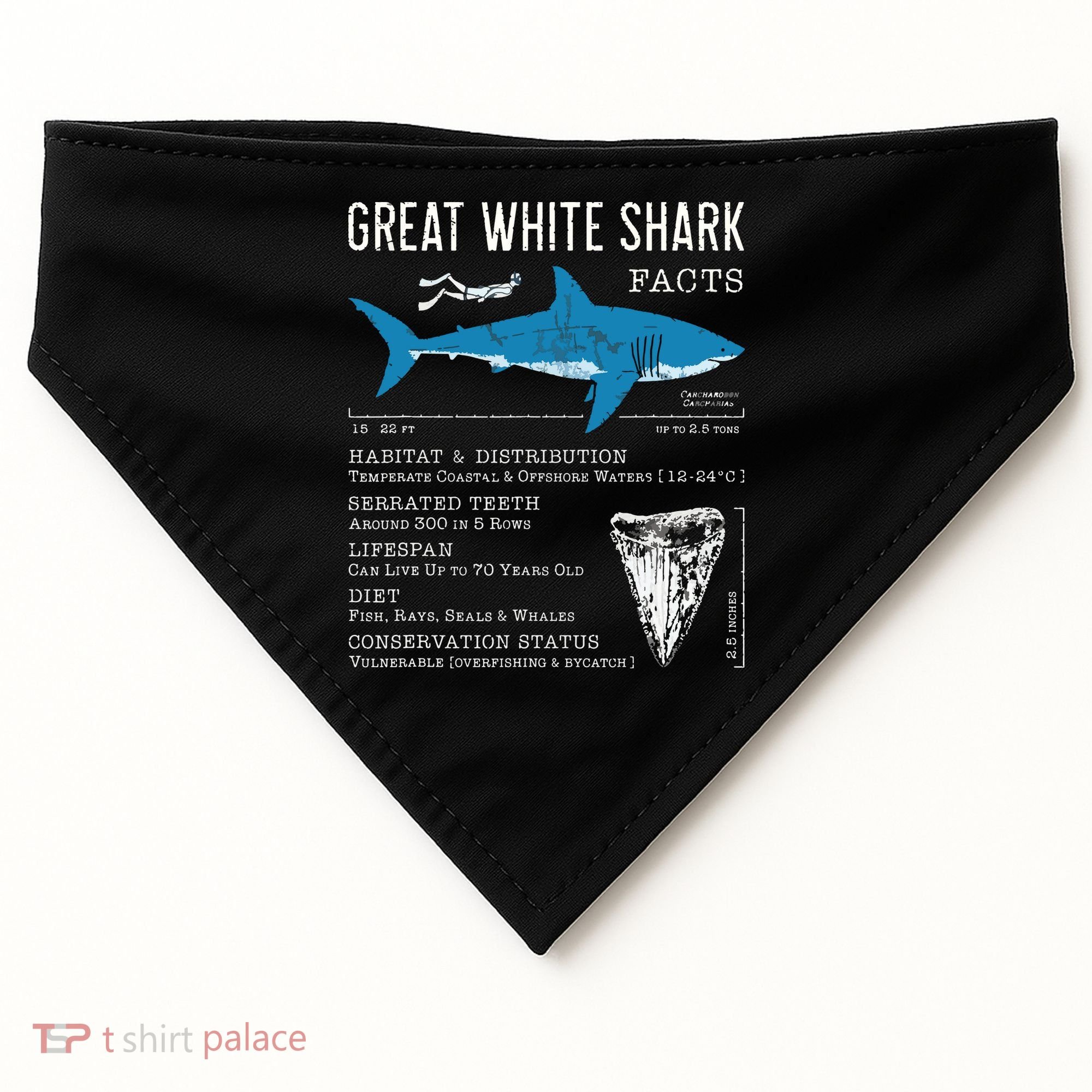 Great White Shark Facts Educational Shark Lover Sharks Tooth USA-Made Doggie Bandana