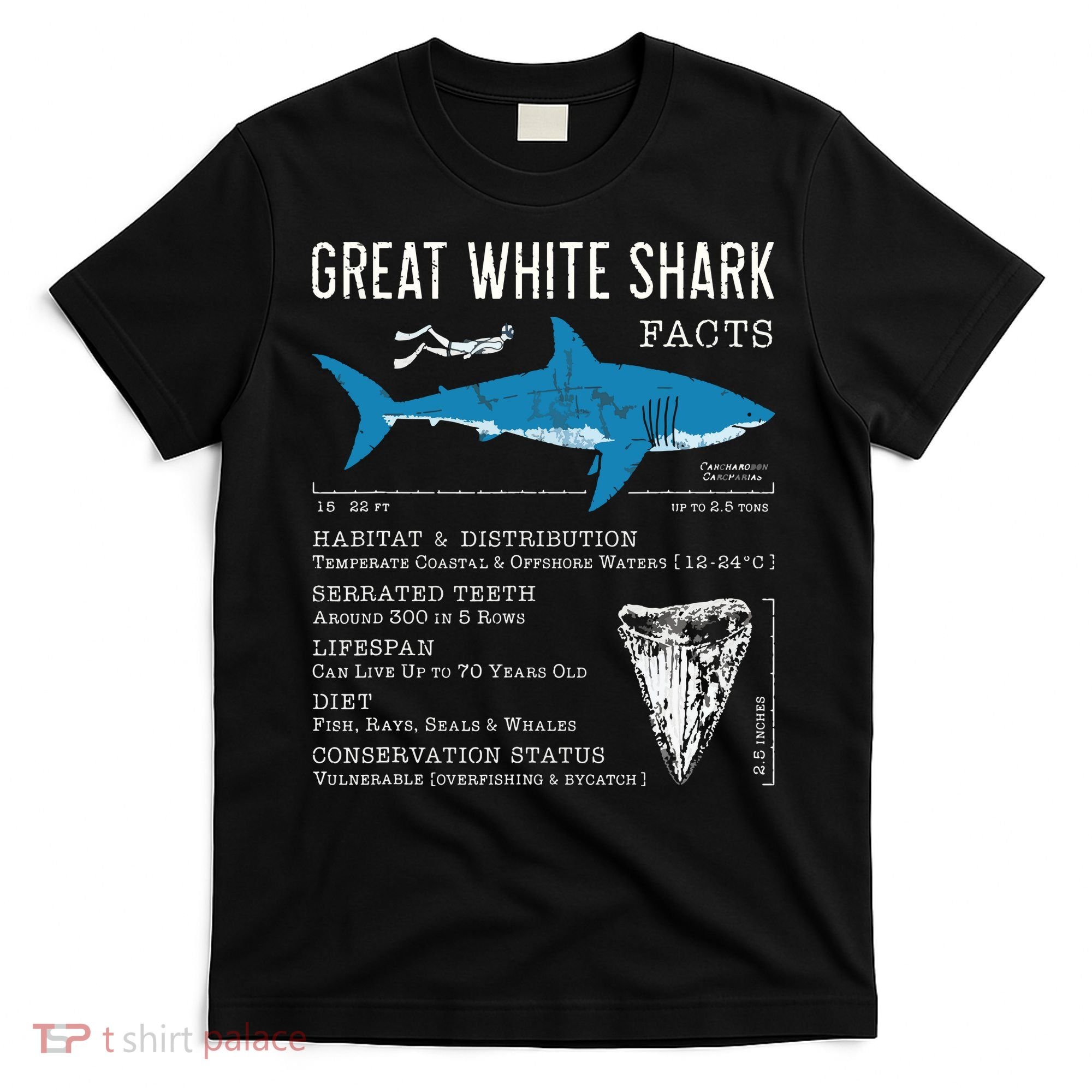 Great White Shark Facts Educational Shark Lover Sharks Tooth T-Shirt