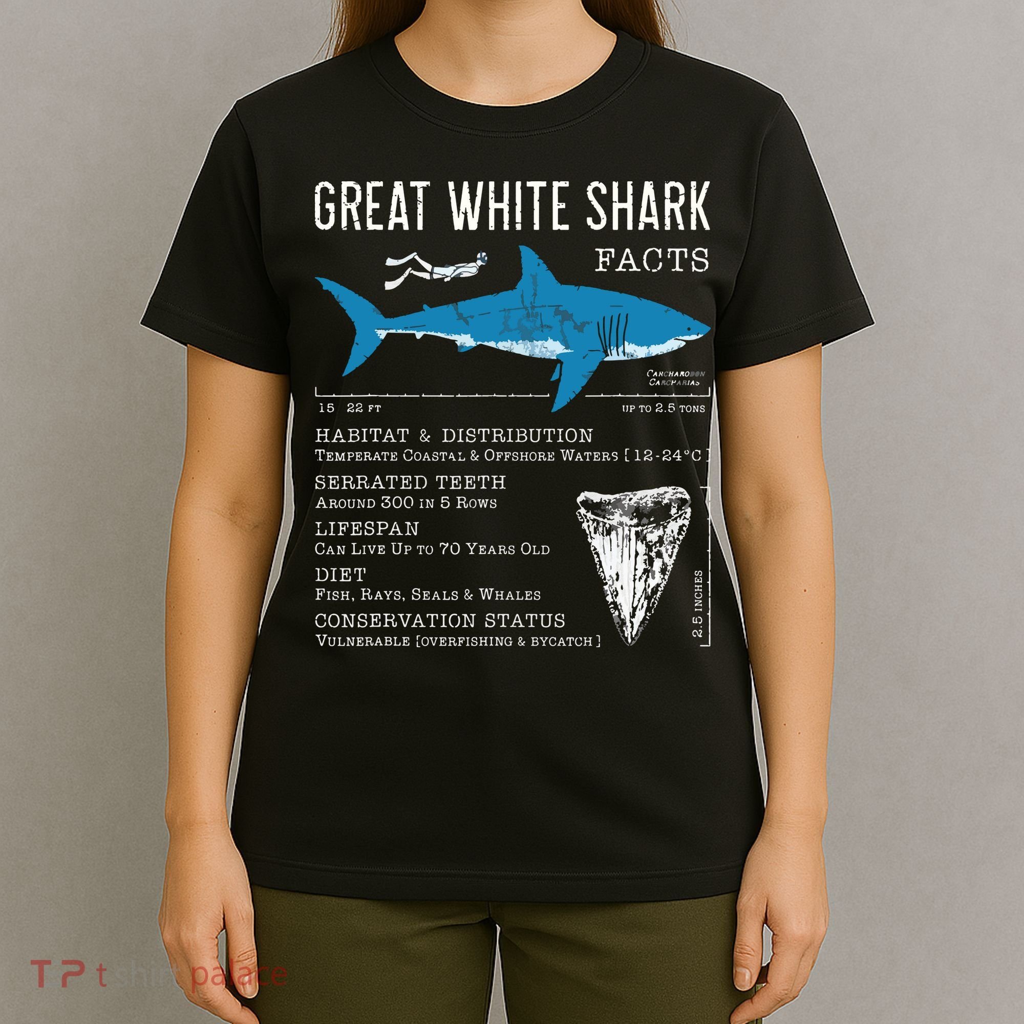 Great White Shark Facts Educational Shark Lover Sharks Tooth T-Shirt