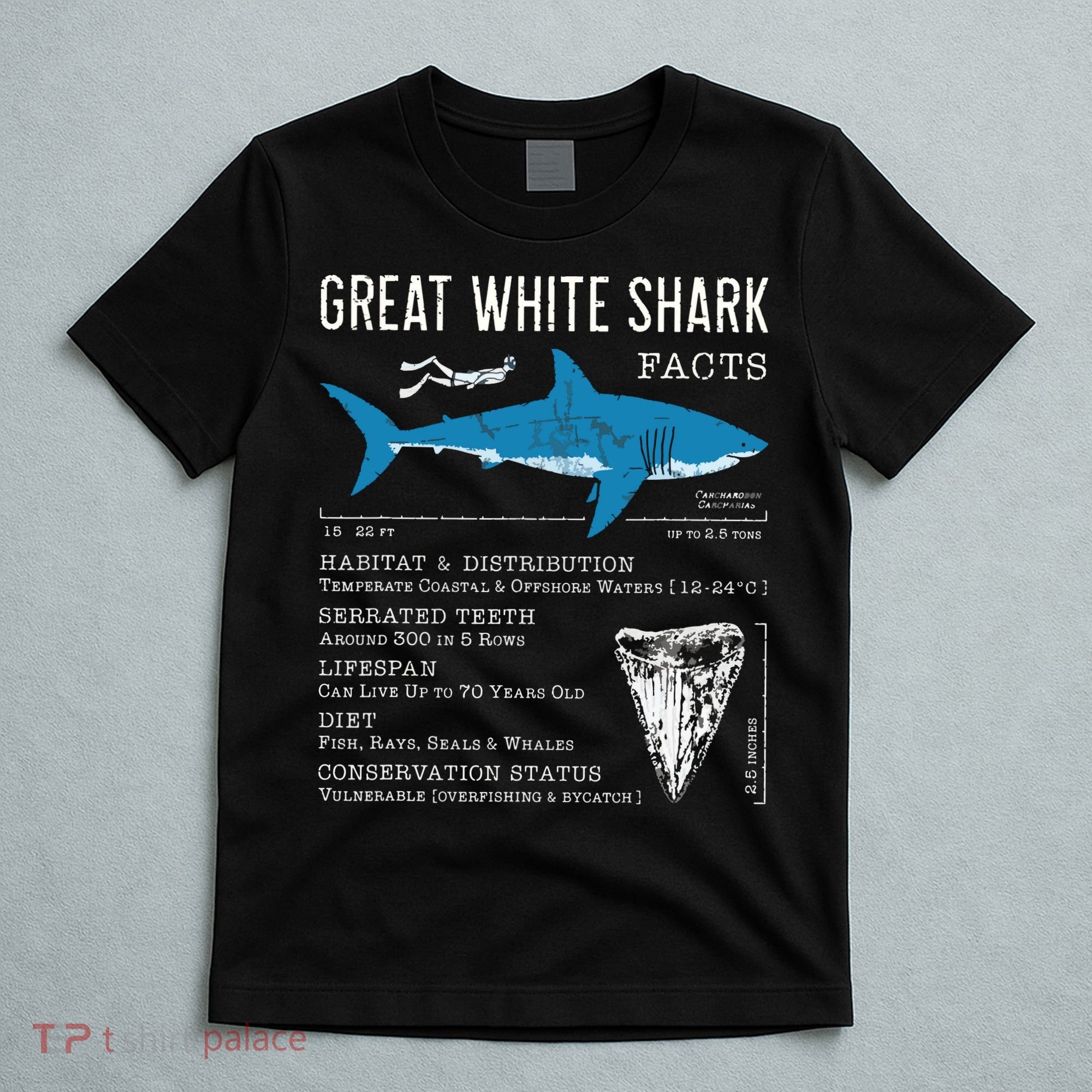 Great White Shark Facts Educational Shark Lover Sharks Tooth T-Shirt