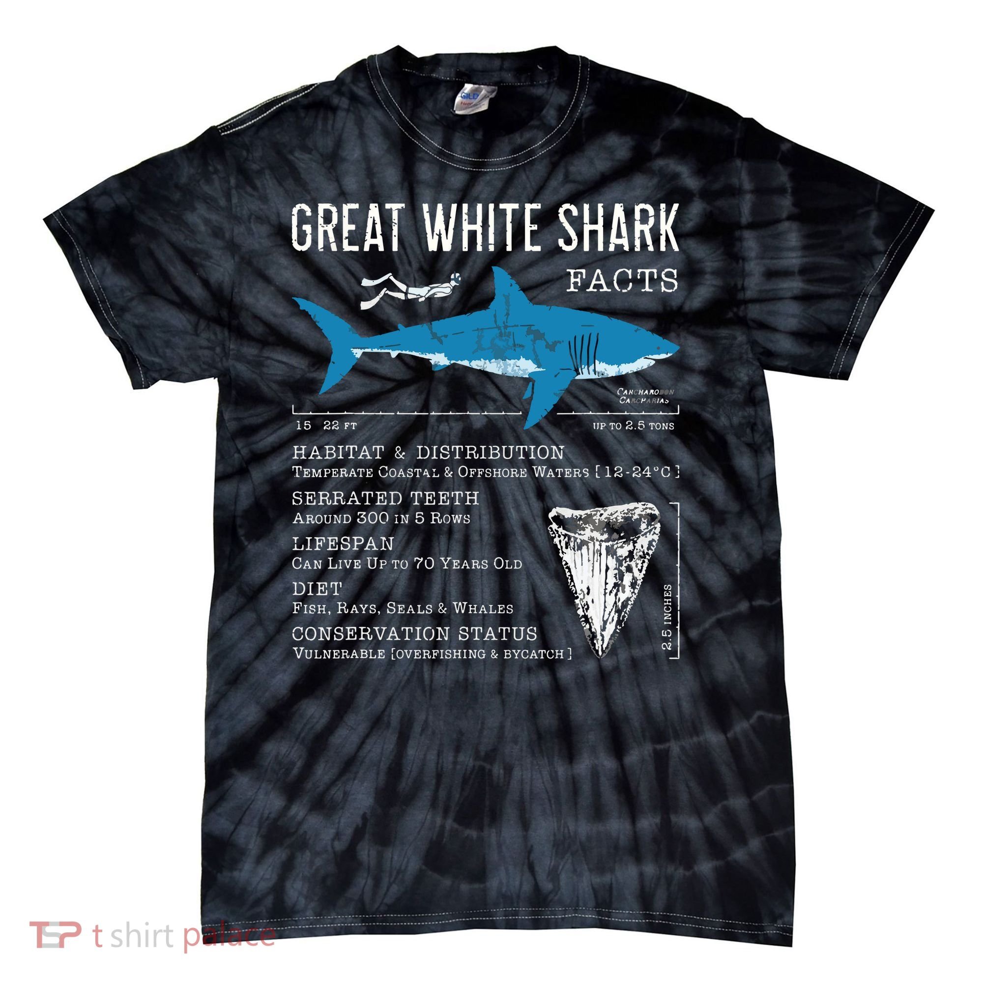 Great White Shark Facts Educational Shark Lover Sharks Tooth Tie-Dye T-Shirt