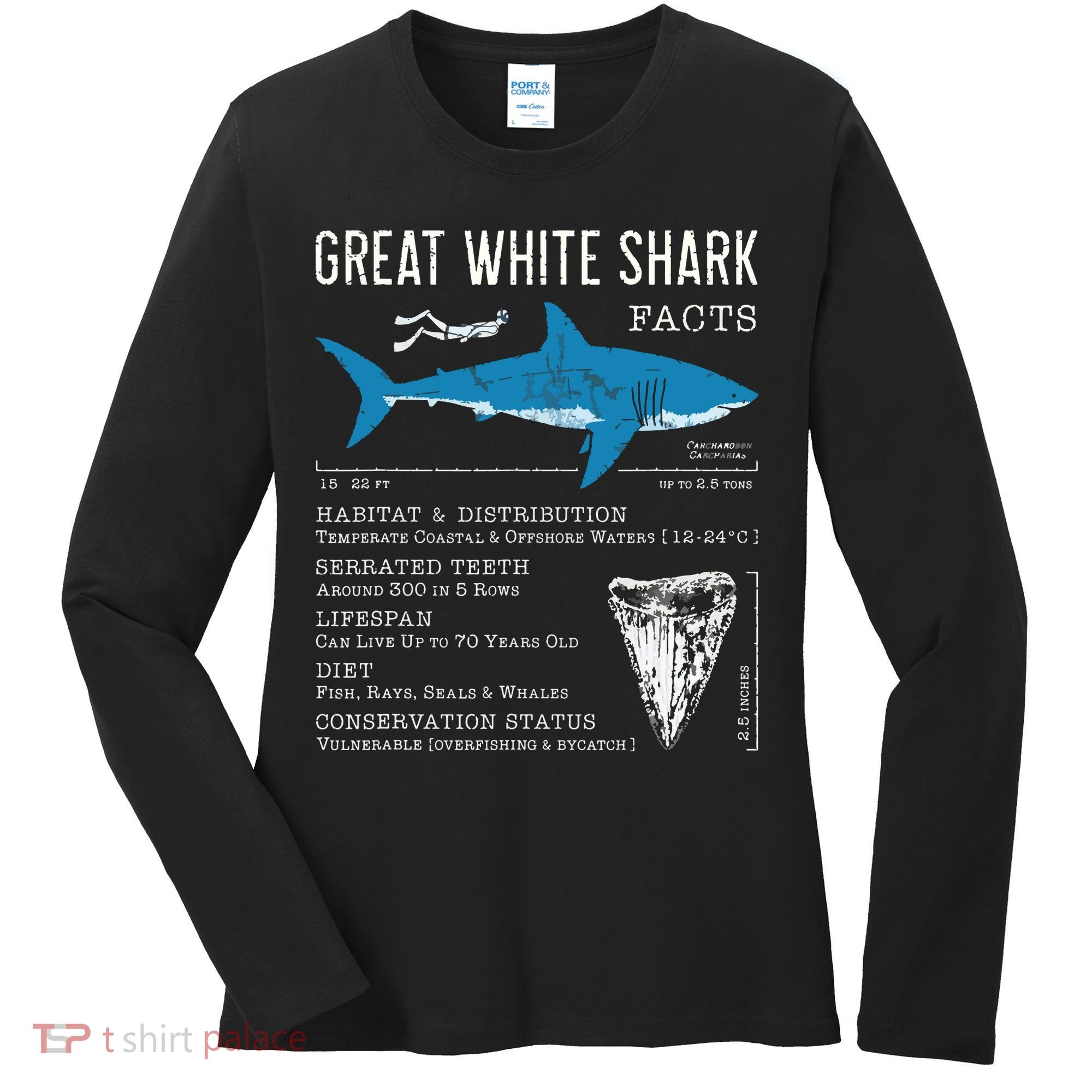 Great White Shark Facts Educational Shark Lover Sharks Tooth Women's Long Sleeve Shirt