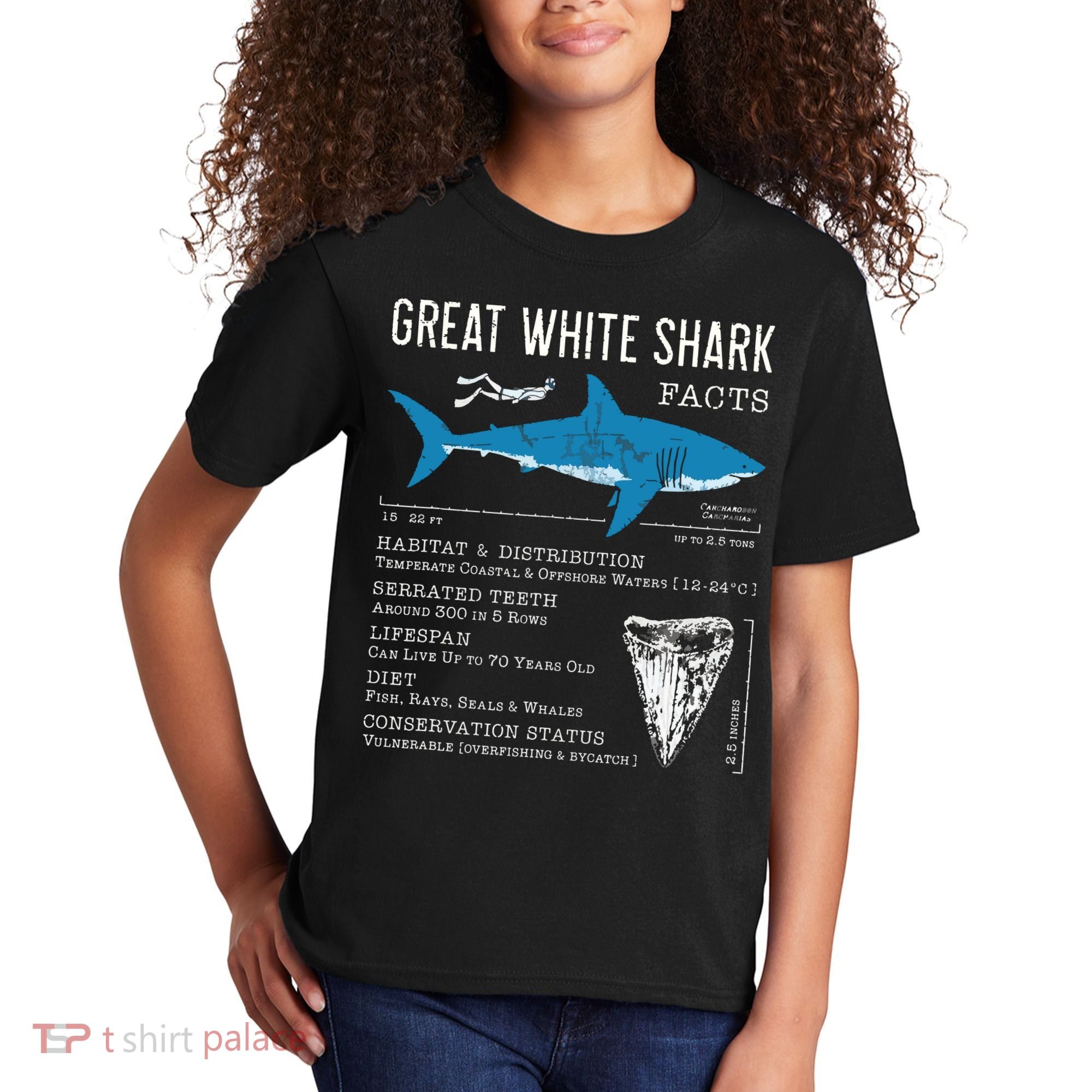 Great White Shark Facts Educational Shark Lover Sharks Tooth Kids T-Shirt