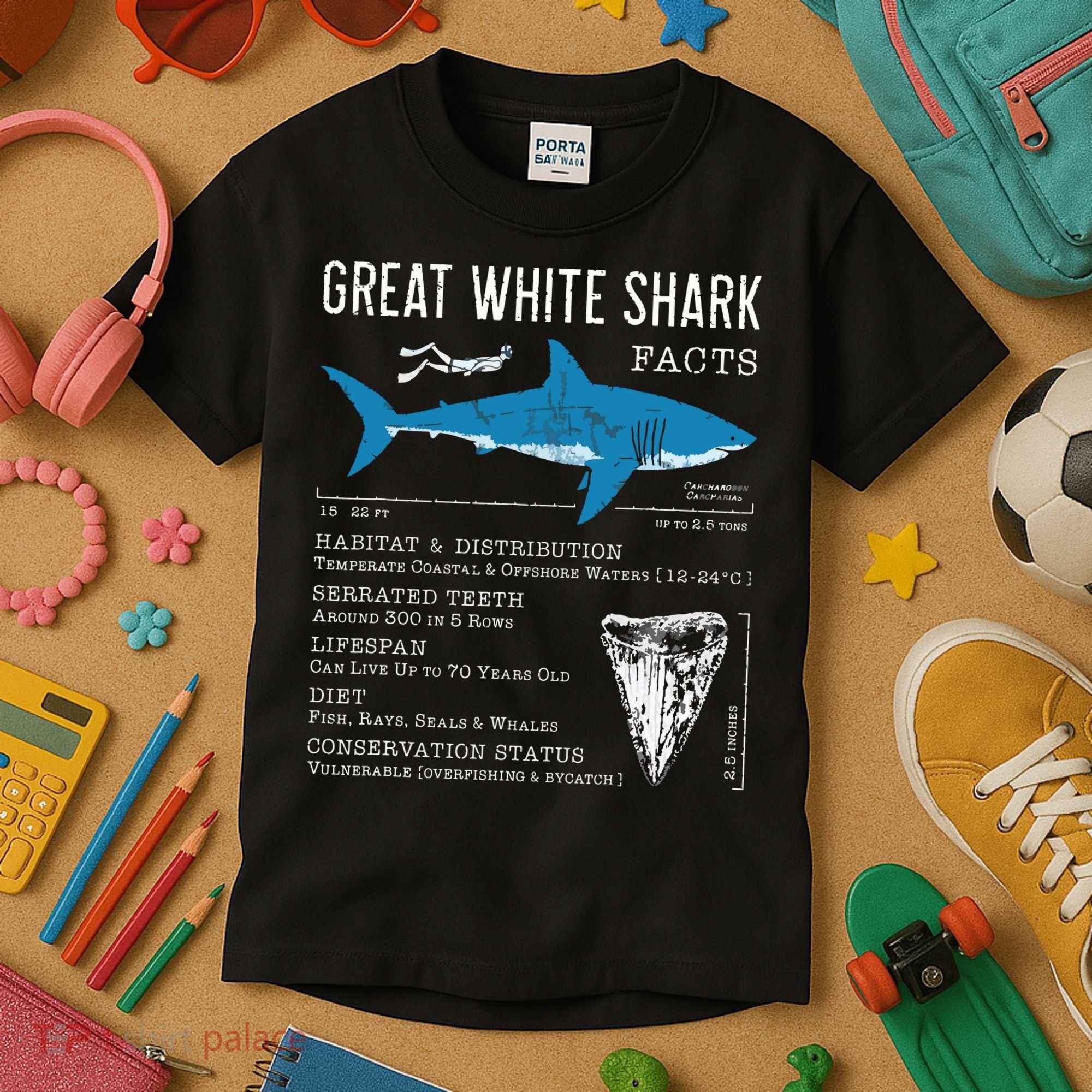 Great White Shark Facts Educational Shark Lover Sharks Tooth Kids T-Shirt