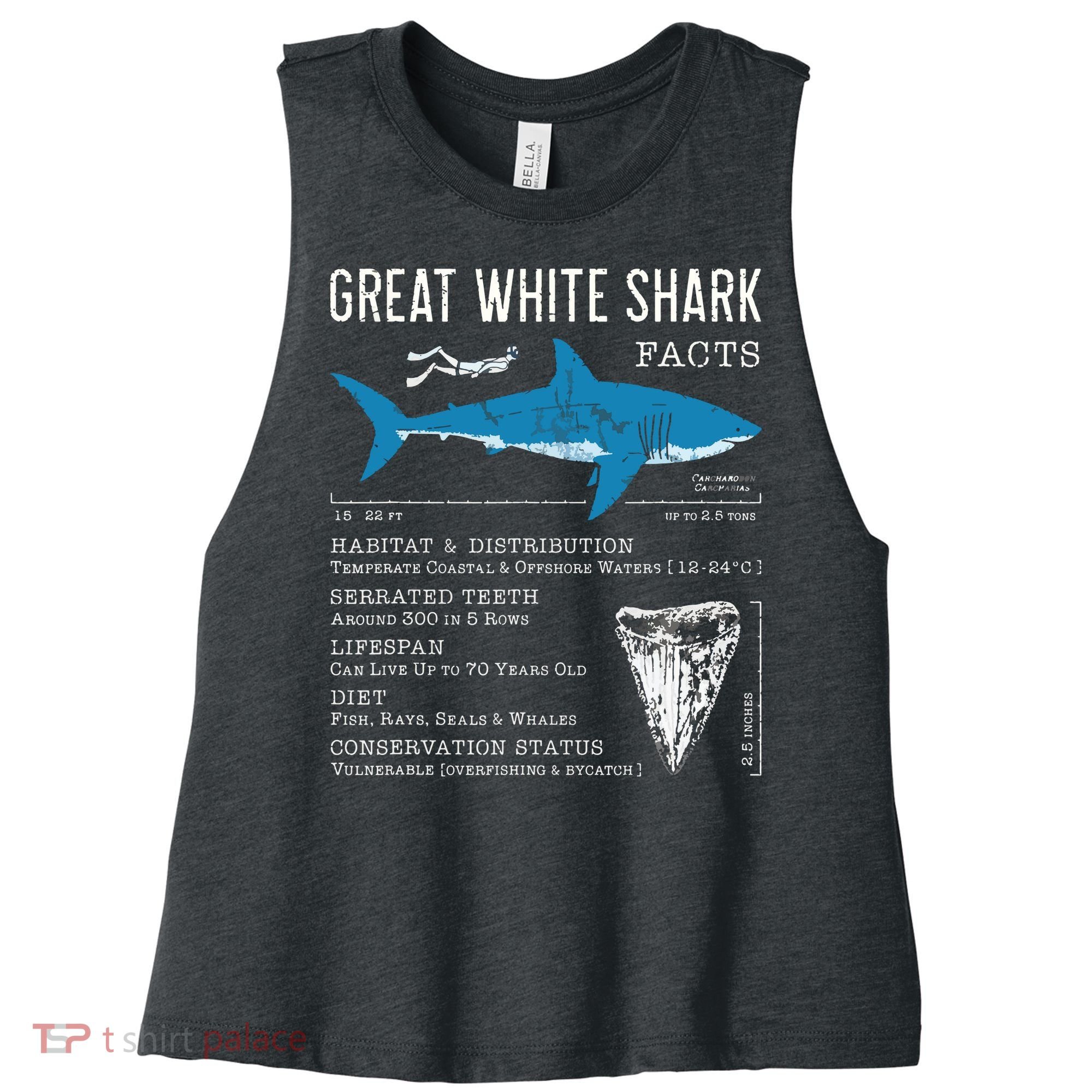Great White Shark Facts Educational Shark Lover Sharks Tooth Women's Racerback Cropped Tank