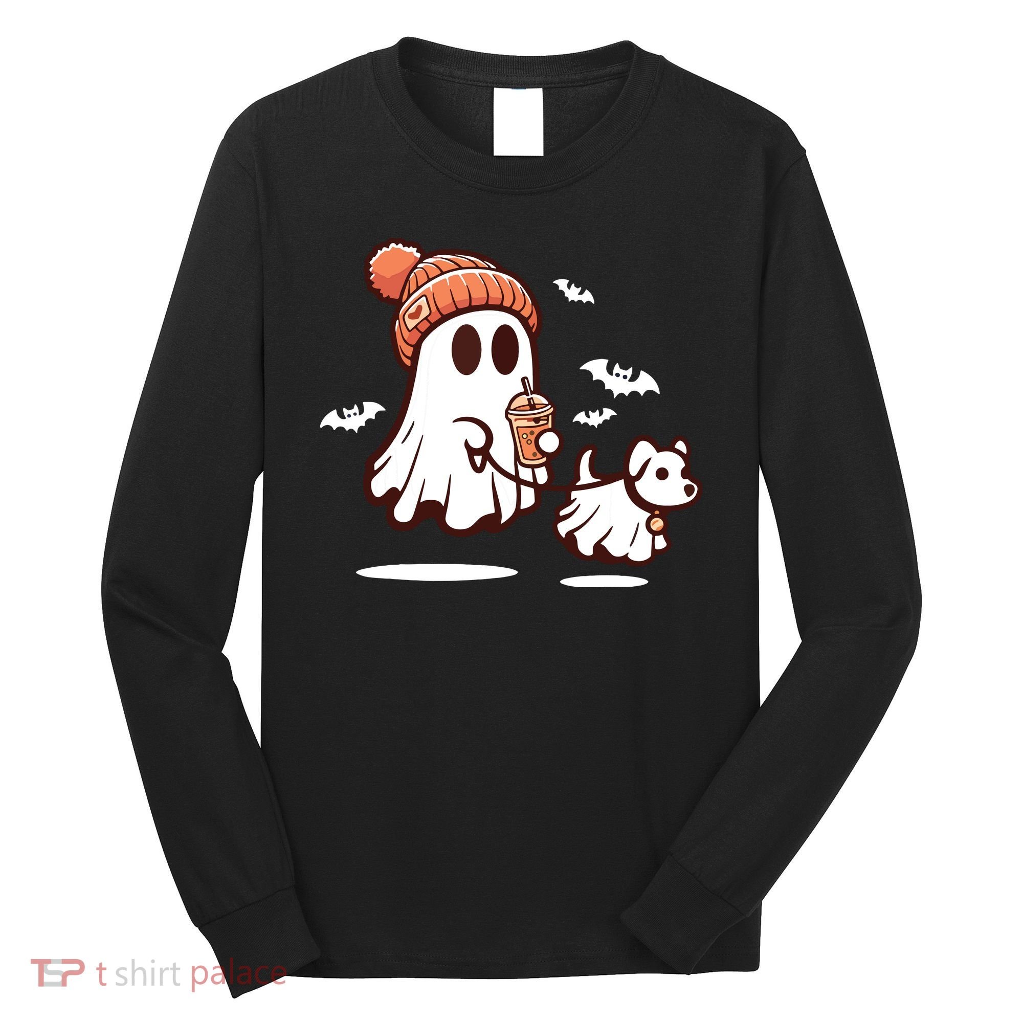 Ghost With Walking Dog Halloween Long Sleeve Shirt