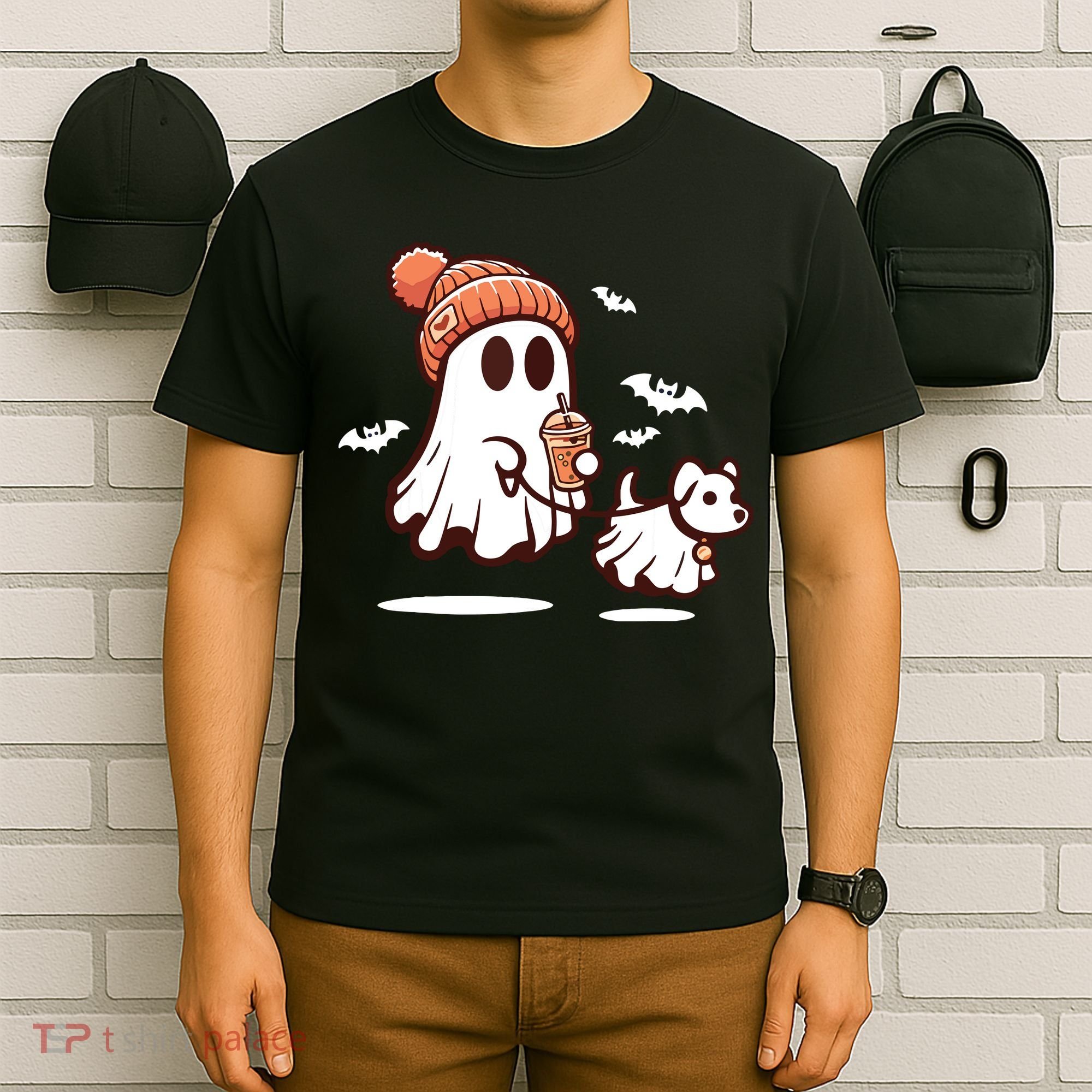 Ghost With Walking Dog Halloween T-Shirt