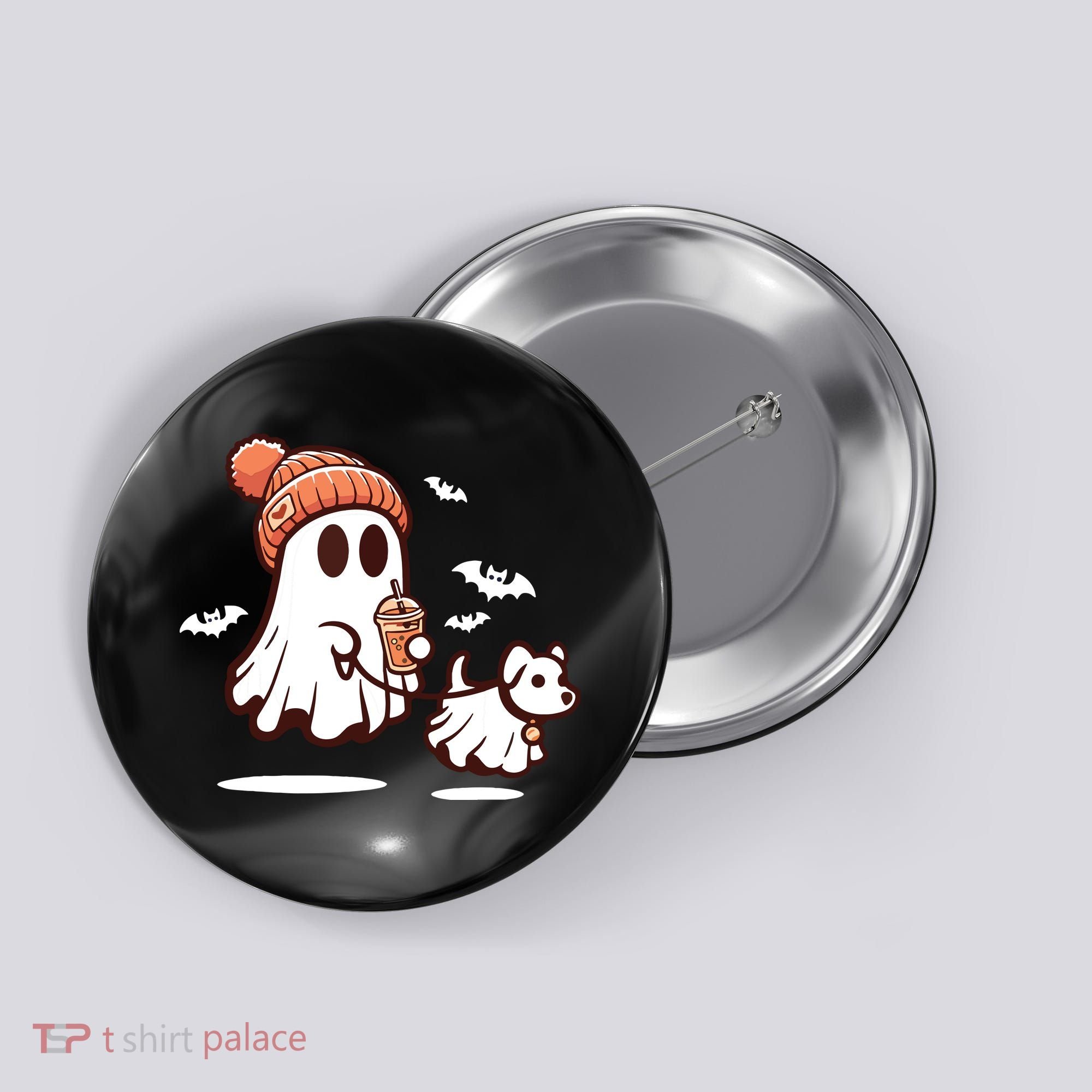 Ghost With Walking Dog Halloween Button
