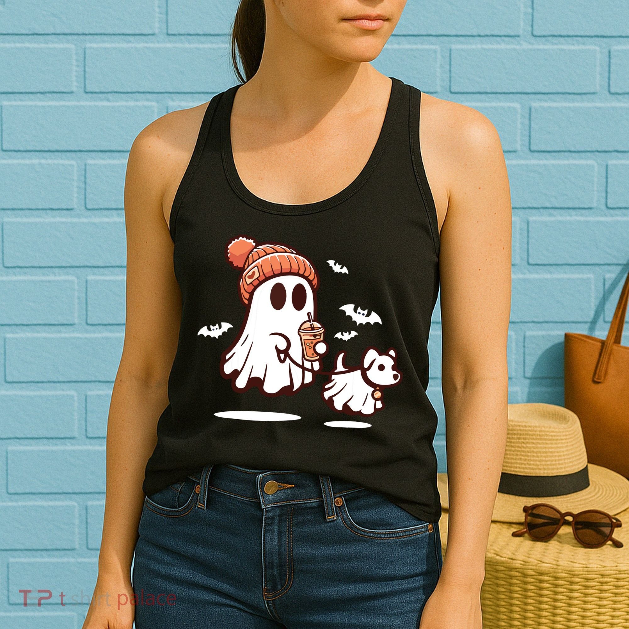 Ghost With Walking Dog Halloween Women's Tank Top
