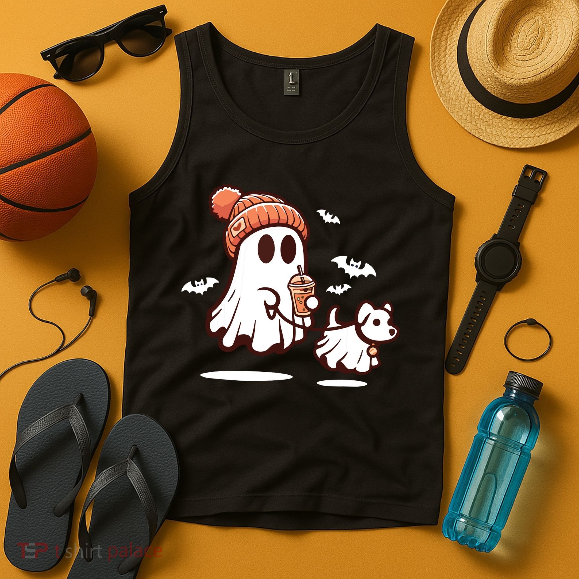 Ghost With Walking Dog Halloween Tank Top