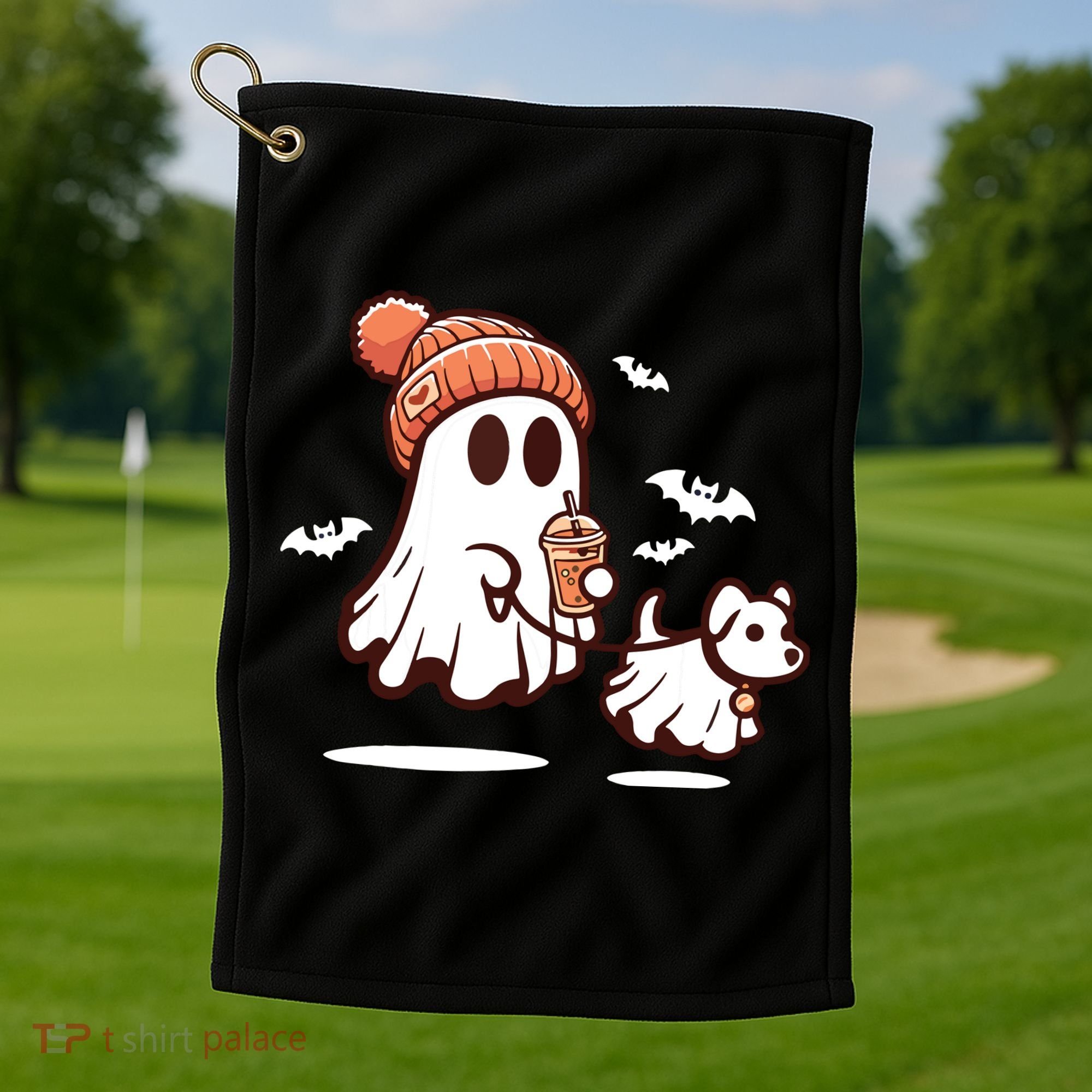 Ghost With Walking Dog Halloween Golf Towel