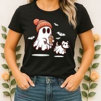 Ghost With Walking Dog Halloween Women's T-Shirt thumb 2