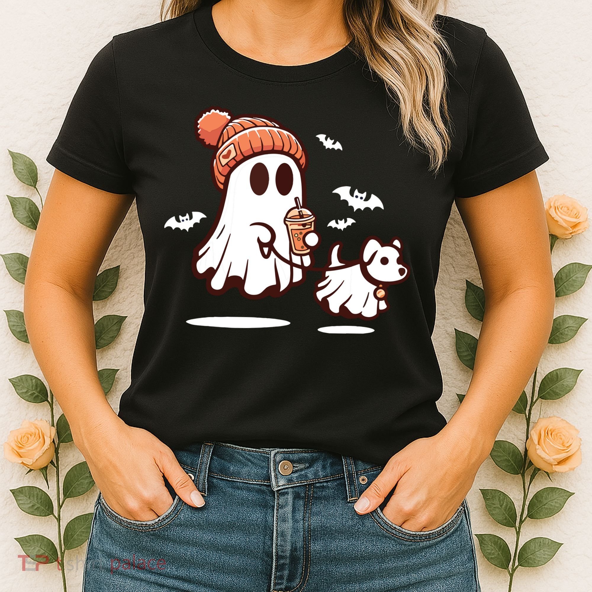 Ghost With Walking Dog Halloween Women's T-Shirt
