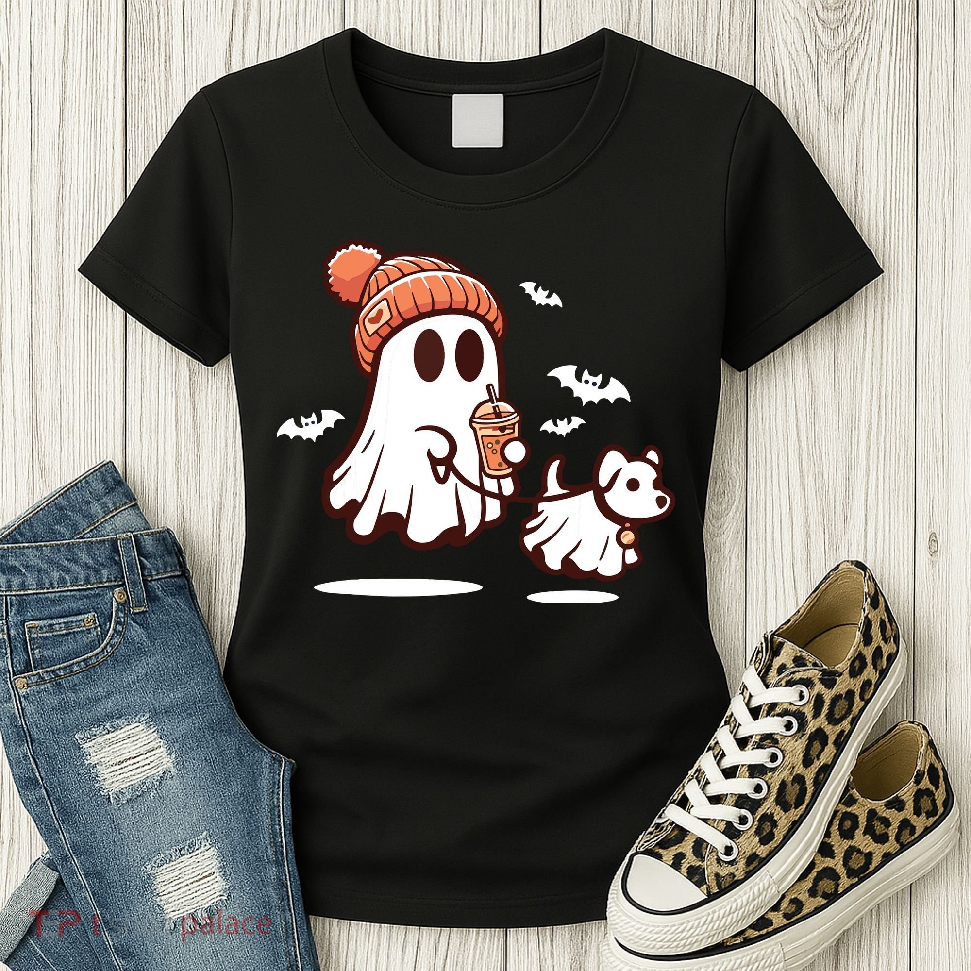 Ghost With Walking Dog Halloween Women's T-Shirt