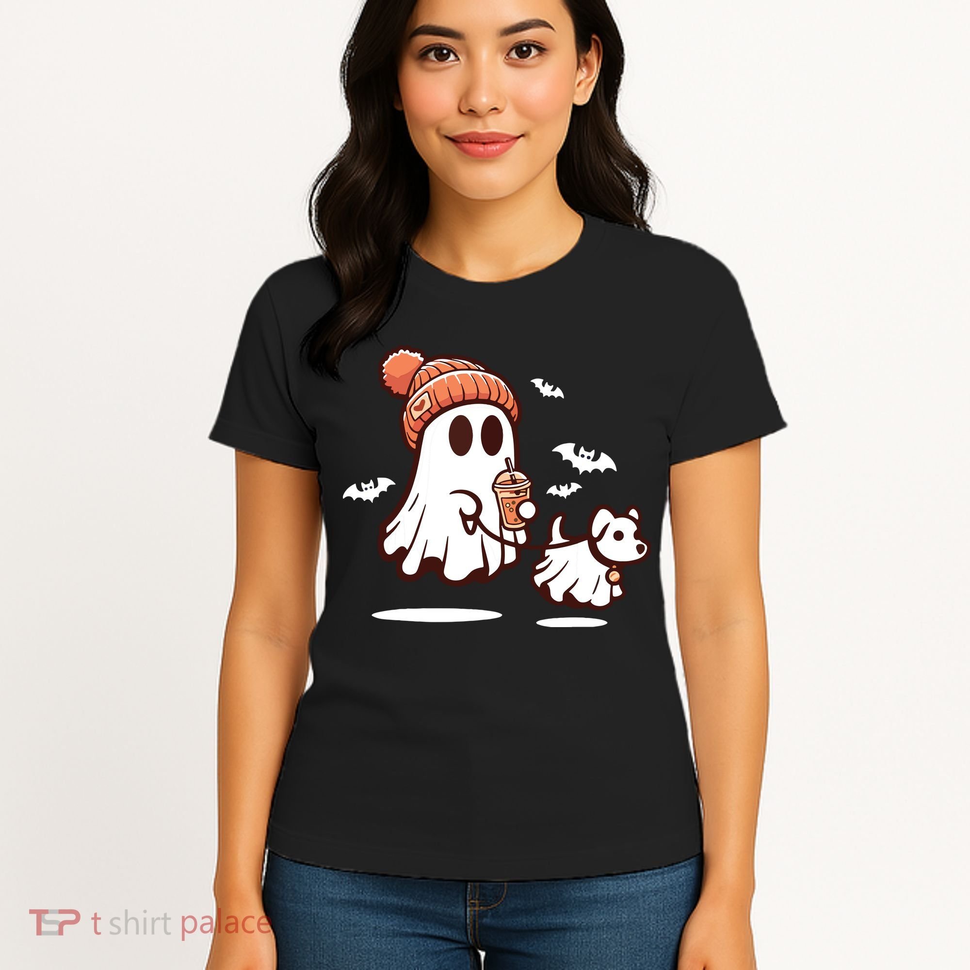 Ghost With Walking Dog Halloween Women's T-Shirt