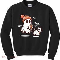 Ghost With Walking Dog Halloween Kids Sweatshirt thumb 0