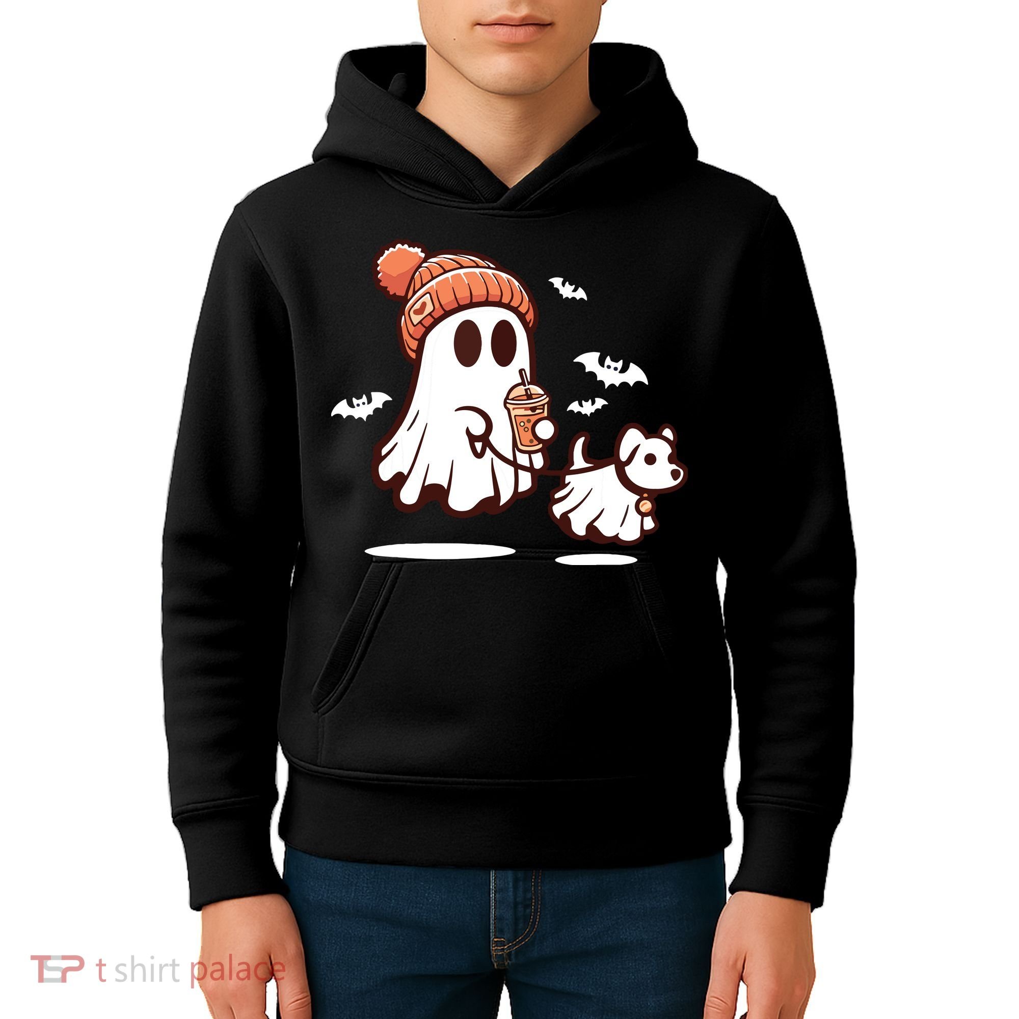 Ghost With Walking Dog Halloween Kids Hoodie