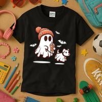 Ghost With Walking Dog Halloween Kids T-Shirt thumb 3