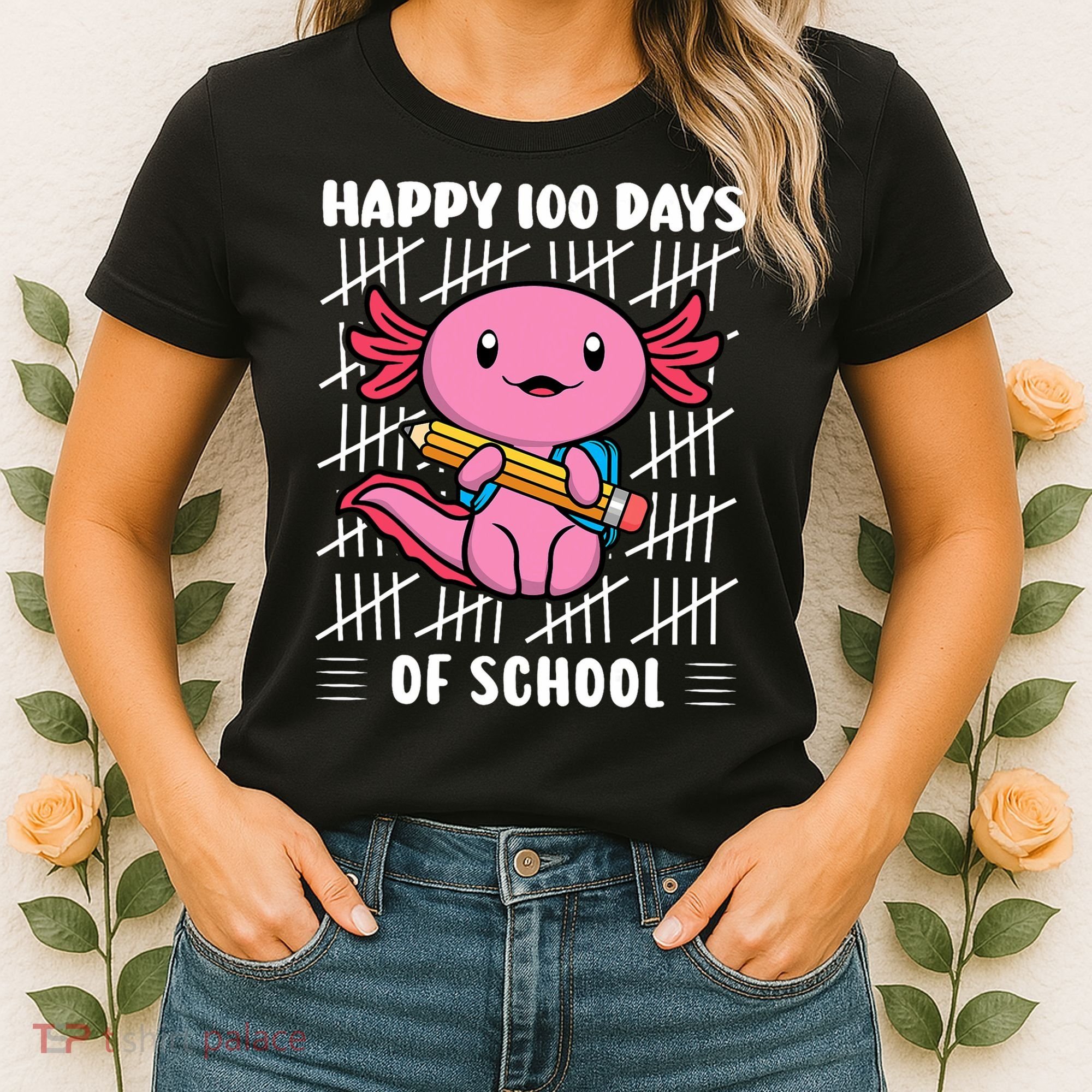 Happy 100 Days Of School Cute Axolotl Kindergarten 100th Day  Women's T-Shirt