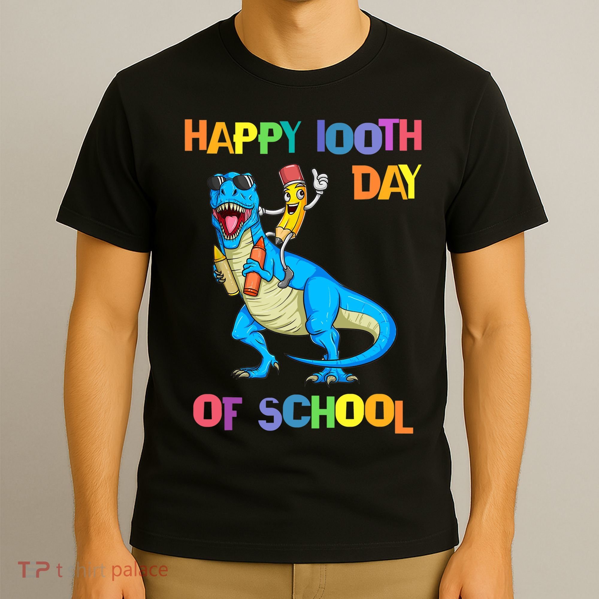 Happy 100th Day Of School Pencil Riding Dinosaur T Rex Funny T-Shirt