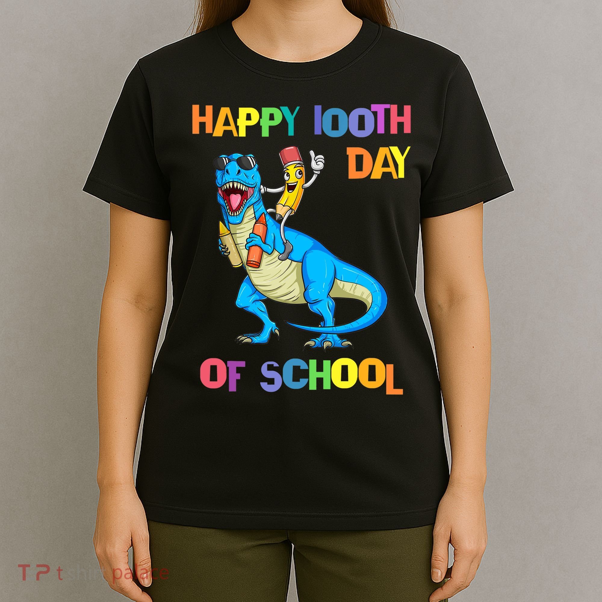 Happy 100th Day Of School Pencil Riding Dinosaur T Rex Funny T-Shirt