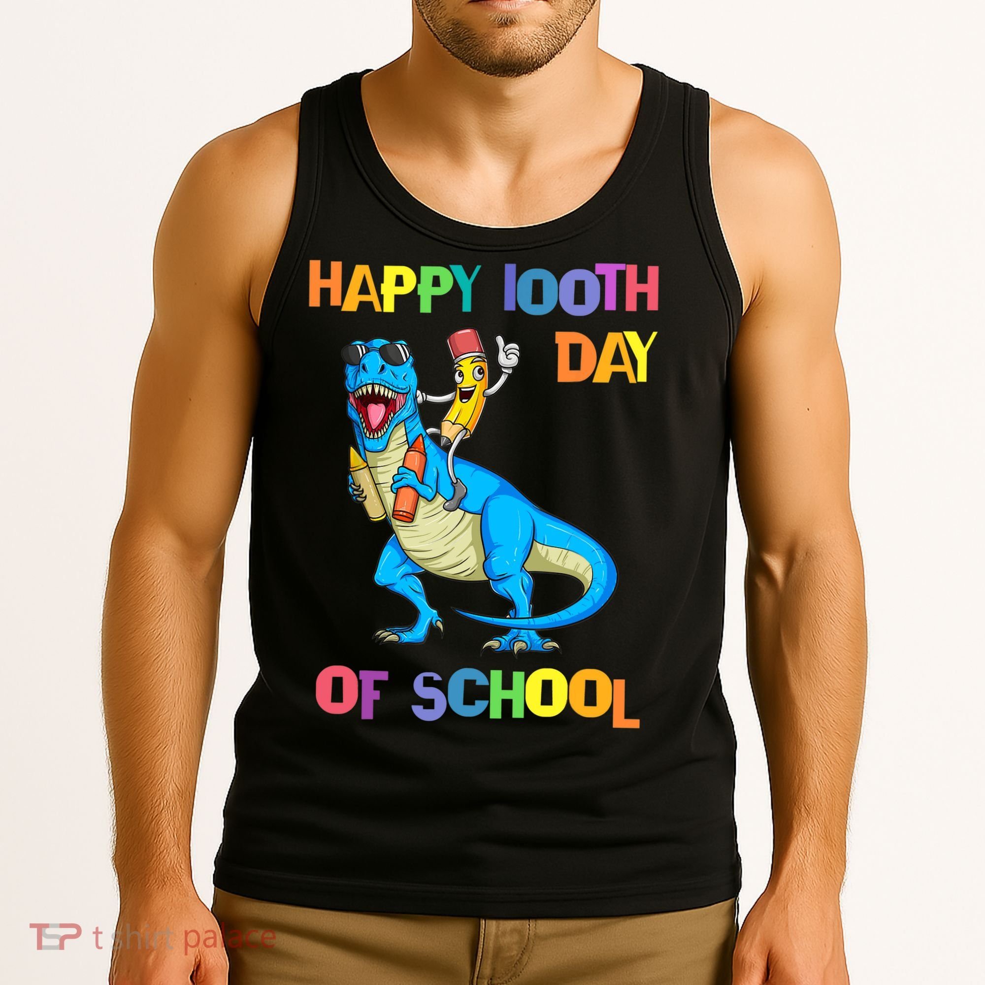 Happy 100th Day Of School Pencil Riding Dinosaur T Rex Funny Tank Top