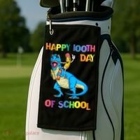 Happy 100th Day Of School Pencil Riding Dinosaur T Rex Funny Golf Towel thumb 2